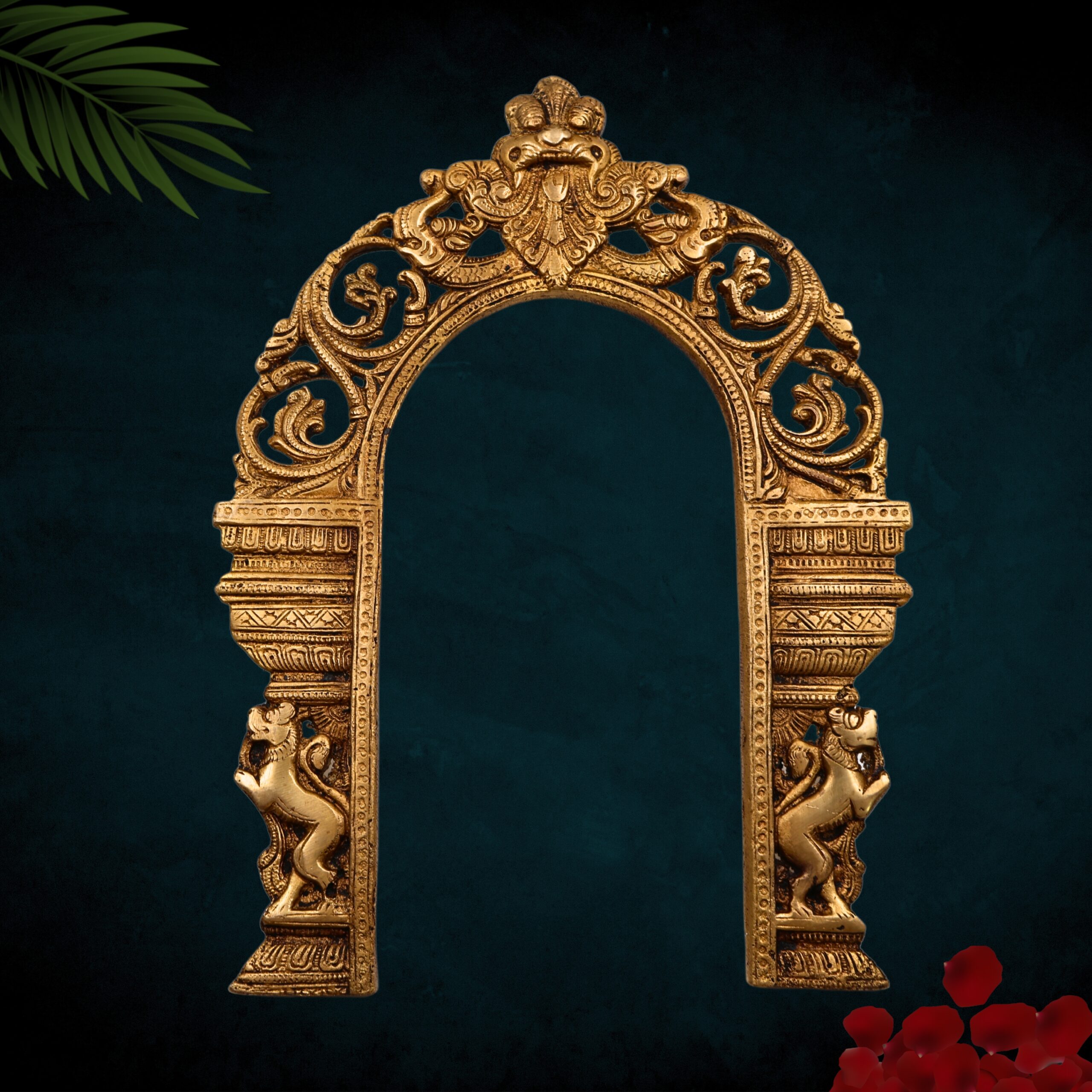Bhunes Brass Prabhavali Arch Frame with Dual Yali – Wall Hanging Temple Backdrop | Traditional Prabhawali for Deity | Home Mandir Decor | Prabhaval for God Idol, Gold, 13 Inch, 1 Piece