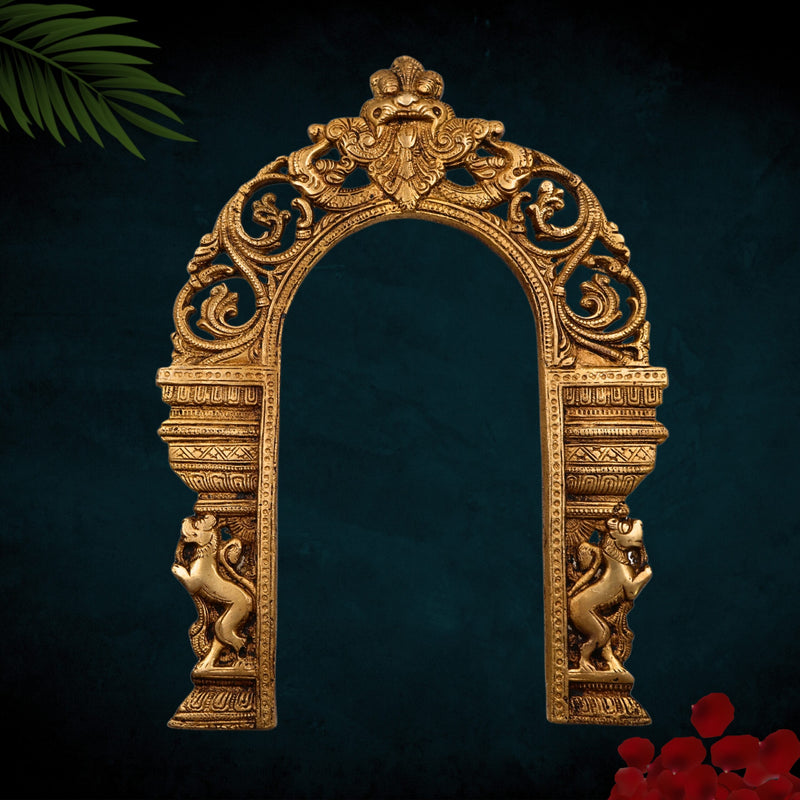 Bhunes Brass Prabhavali Arch Frame with Dual Yali – Wall Hanging Temple Backdrop | Traditional Prabhawali for Deity | Home Mandir Decor | Prabhaval for God Idol, Gold, 13 Inch, 1 Piece