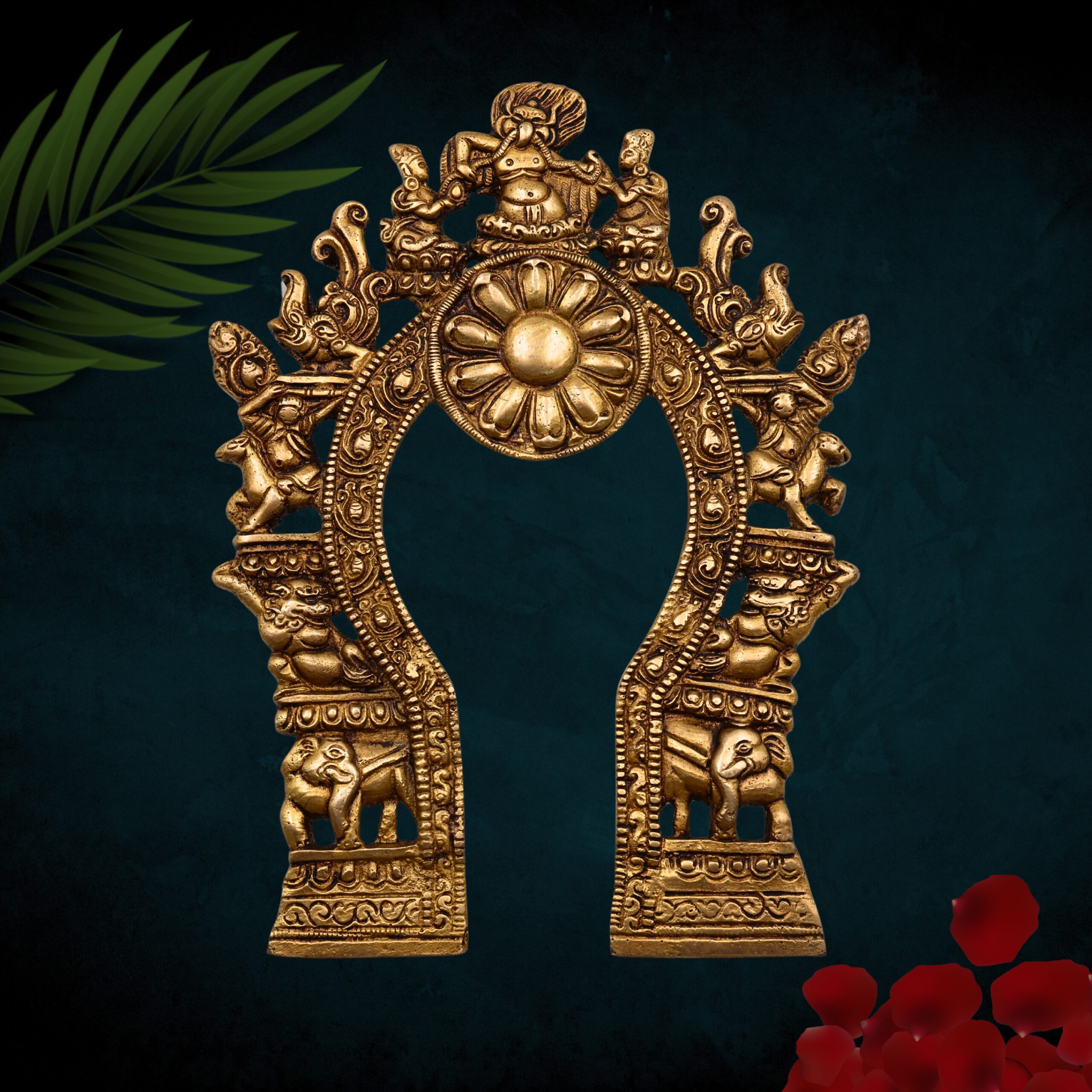Bhunes Brass Prabhavali with Yali, Elephant & Deities – Traditional Arch Frame Wall Hanging for Home Temple | Prabhawali Prabhaval for Murti Backdrop Decor, Gold, 9 Inch, 1 Piece