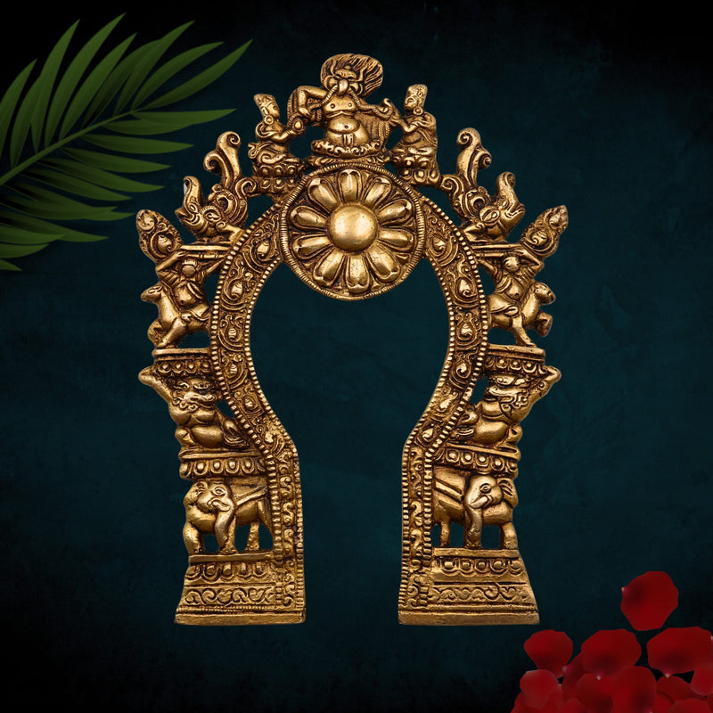 Bhunes Brass Prabhavali with Yali, Elephant & Deities – Traditional Arch Frame Wall Hanging for Home Temple | Prabhawali Prabhaval for Murti Backdrop Decor, Gold, 9 Inch, 1 Piece