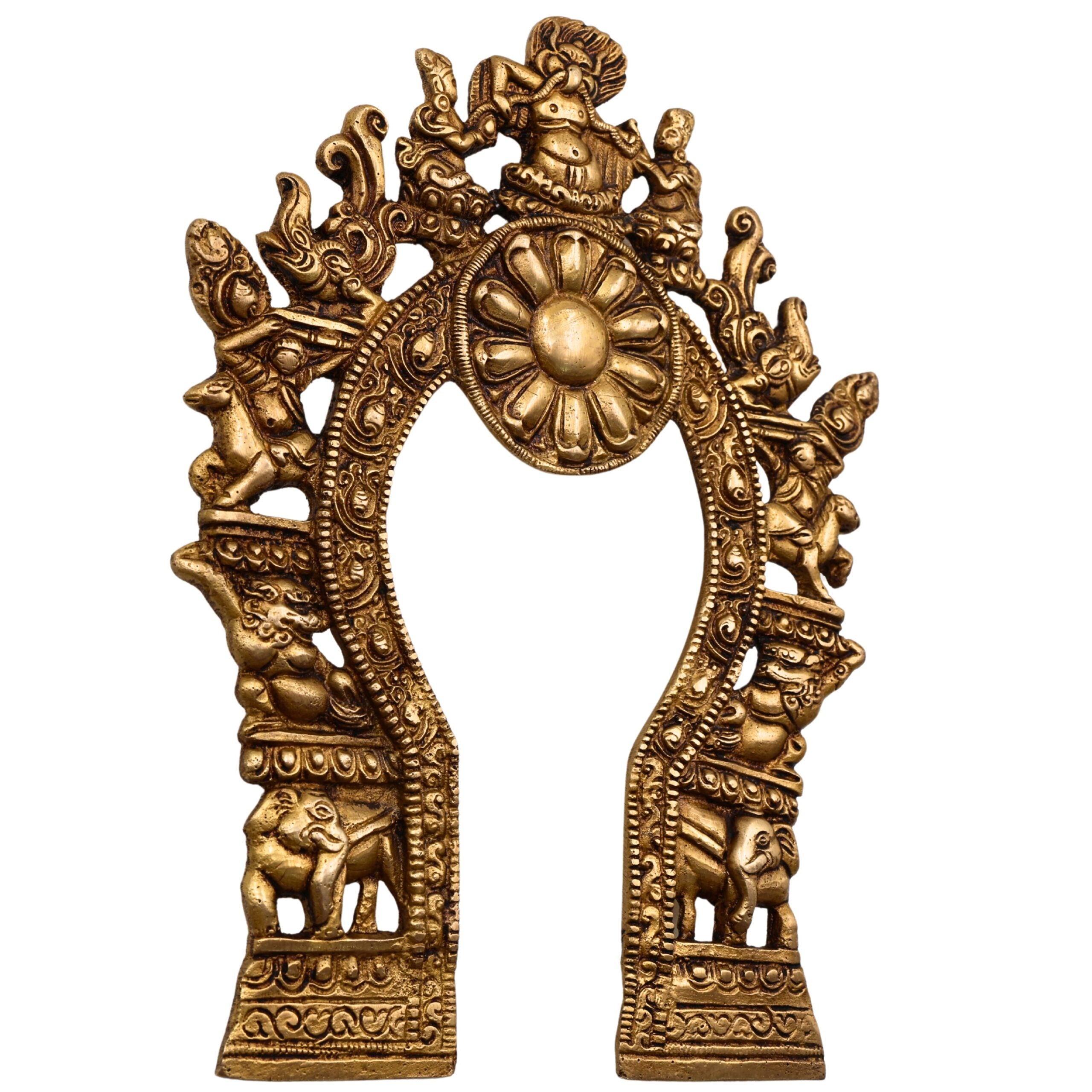 Bhunes Brass Prabhavali with Yali, Elephant & Deities – Traditional Arch Frame Wall Hanging for Home Temple | Prabhawali Prabhaval for Murti Backdrop Decor, Gold, 9 Inch, 1 Piece
