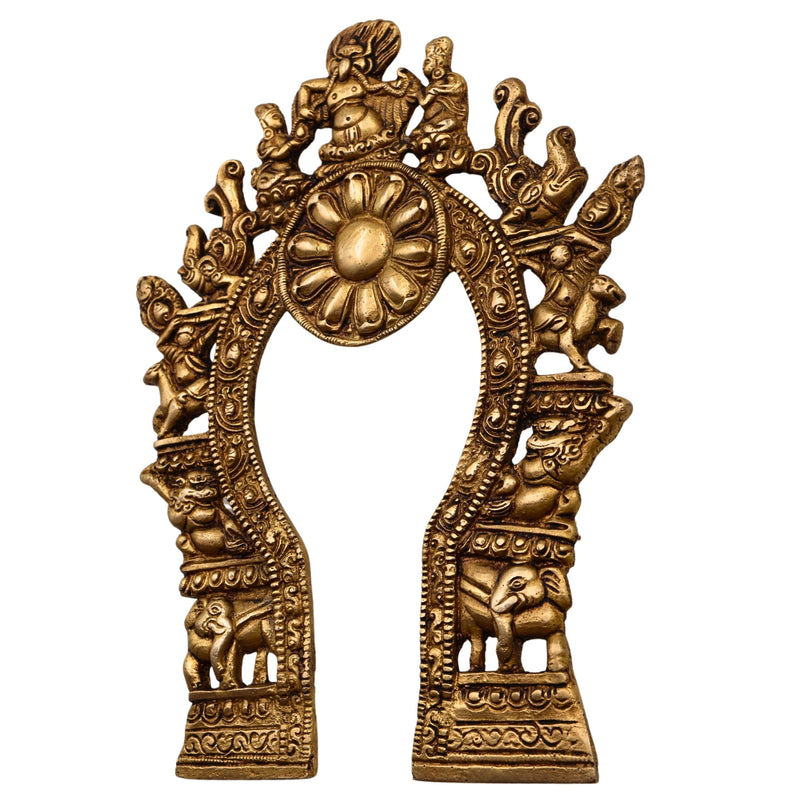 Bhunes Brass Prabhavali with Yali, Elephant & Deities – Traditional Arch Frame Wall Hanging for Home Temple | Prabhawali Prabhaval for Murti Backdrop Decor, Gold, 9 Inch, 1 Piece
