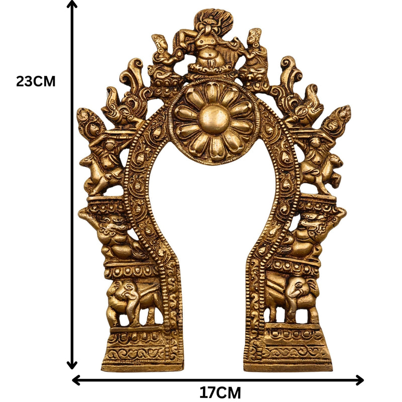 Bhunes Brass Prabhavali with Yali, Elephant & Deities – Traditional Arch Frame Wall Hanging for Home Temple | Prabhawali Prabhaval for Murti Backdrop Decor, Gold, 9 Inch, 1 Piece