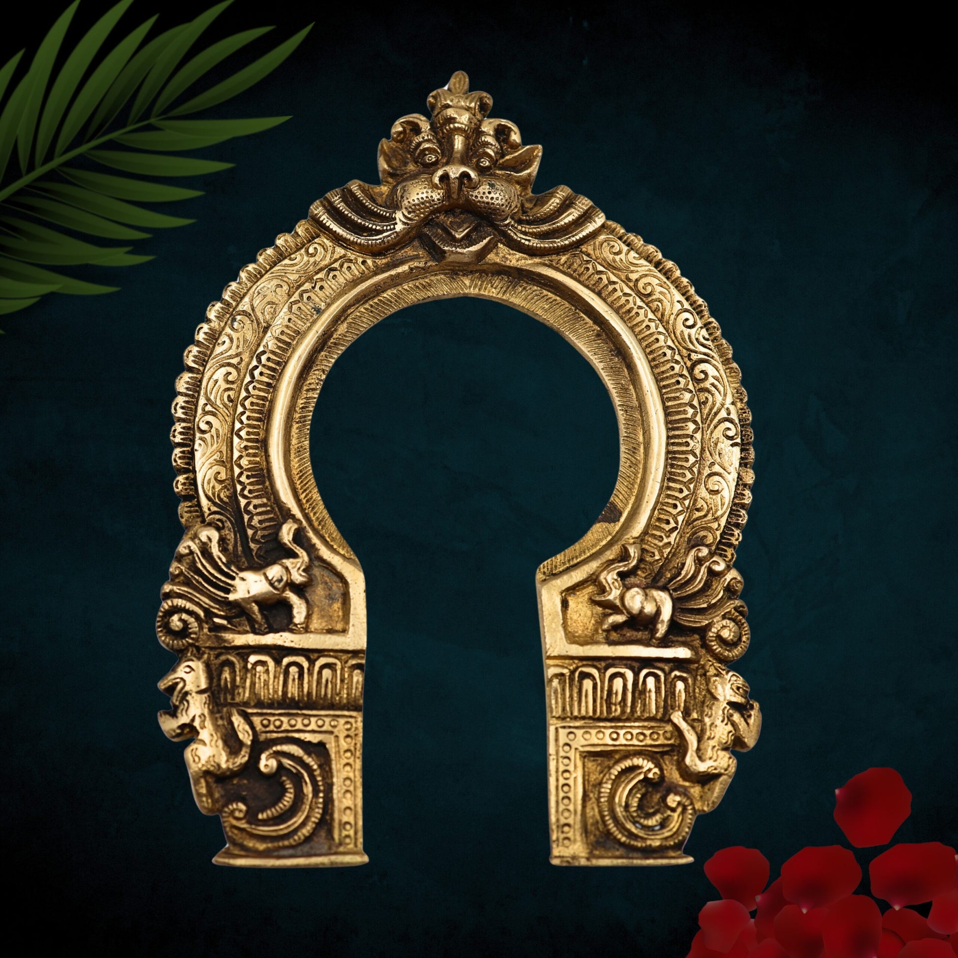 Bhunes Brass Hand-Carved Prabhavali Frame with Kirtimukha – Wall Hanging Arch for Pooja Room, Temple Decor, Prabhawal for Deity Idol Backdrop, Gold, 10 Inch, 1 Piece