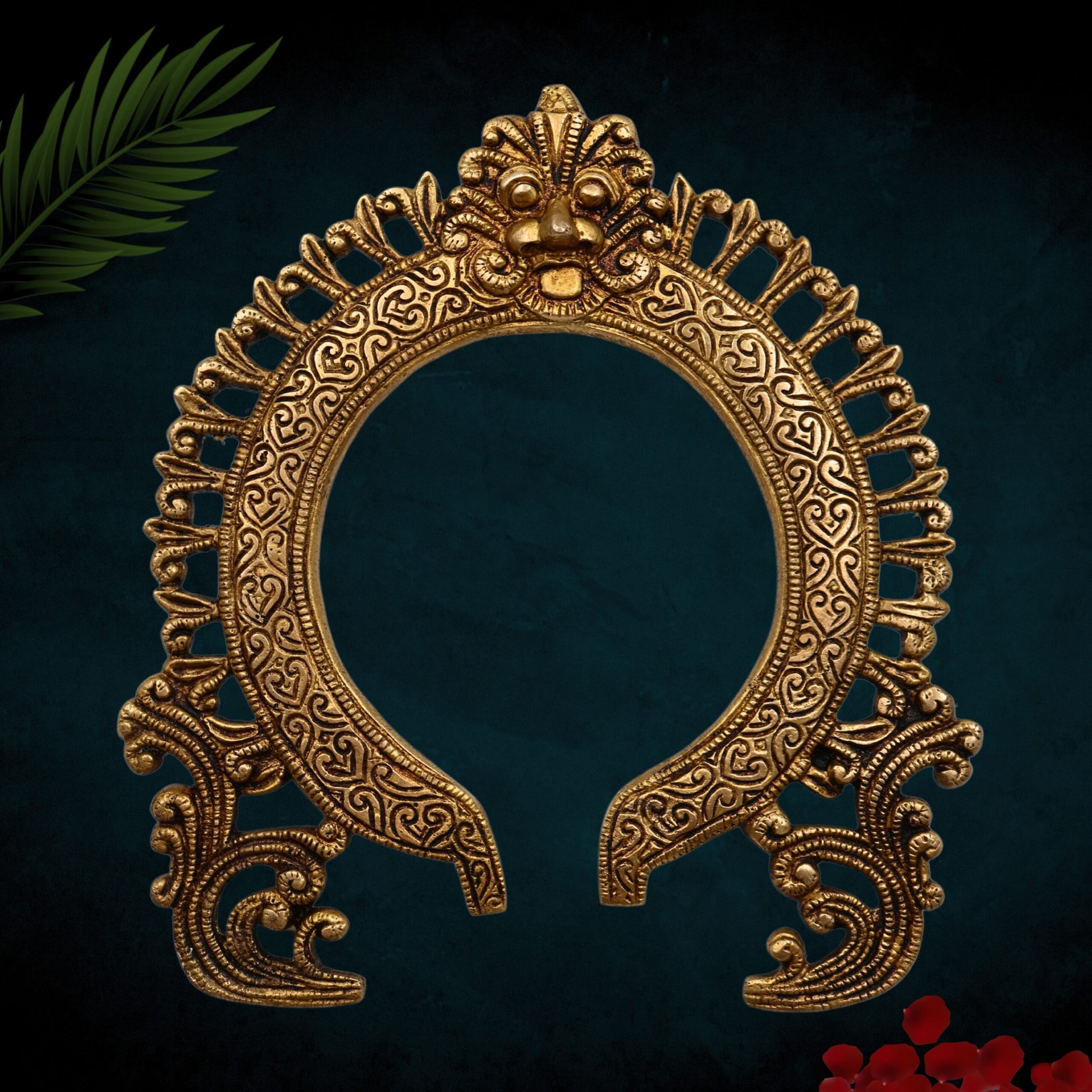 Bhunes Brass Hand-Carved Prabhavali Arch Frame with Kirtimukha – Wall Hanging for Pooja Room, Temple Backdrop, Murti Decor, Prabhawal for Home Mandir, Gold, 9 Inch, 1 Piece
