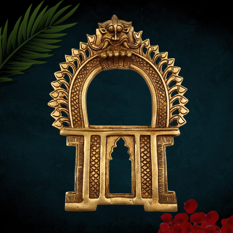Brass Prabhavali Arch Frame for Deity, Wall Hanging Temple Decor | Traditional Prabhawali Prabhaval Kirtimukha for Mandir & Home Pooja, Gold, 9 Inch, 1 Piece