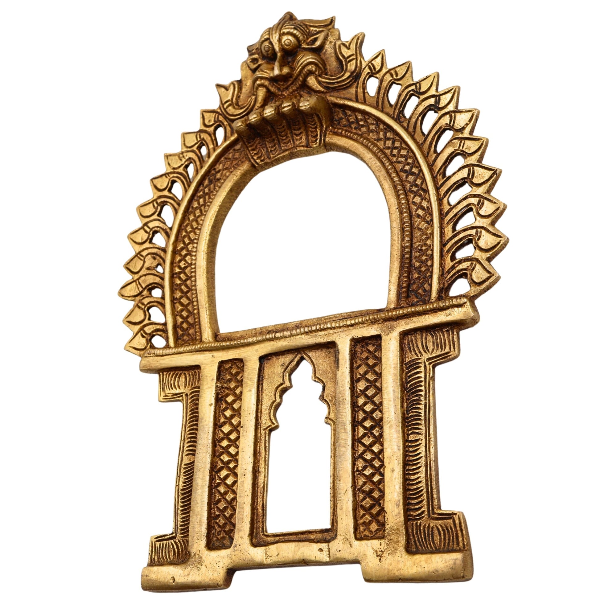 Brass Prabhavali Arch Frame for Deity, Wall Hanging Temple Decor | Traditional Prabhawali Prabhaval Kirtimukha for Mandir & Home Pooja, Gold, 9 Inch, 1 Piece