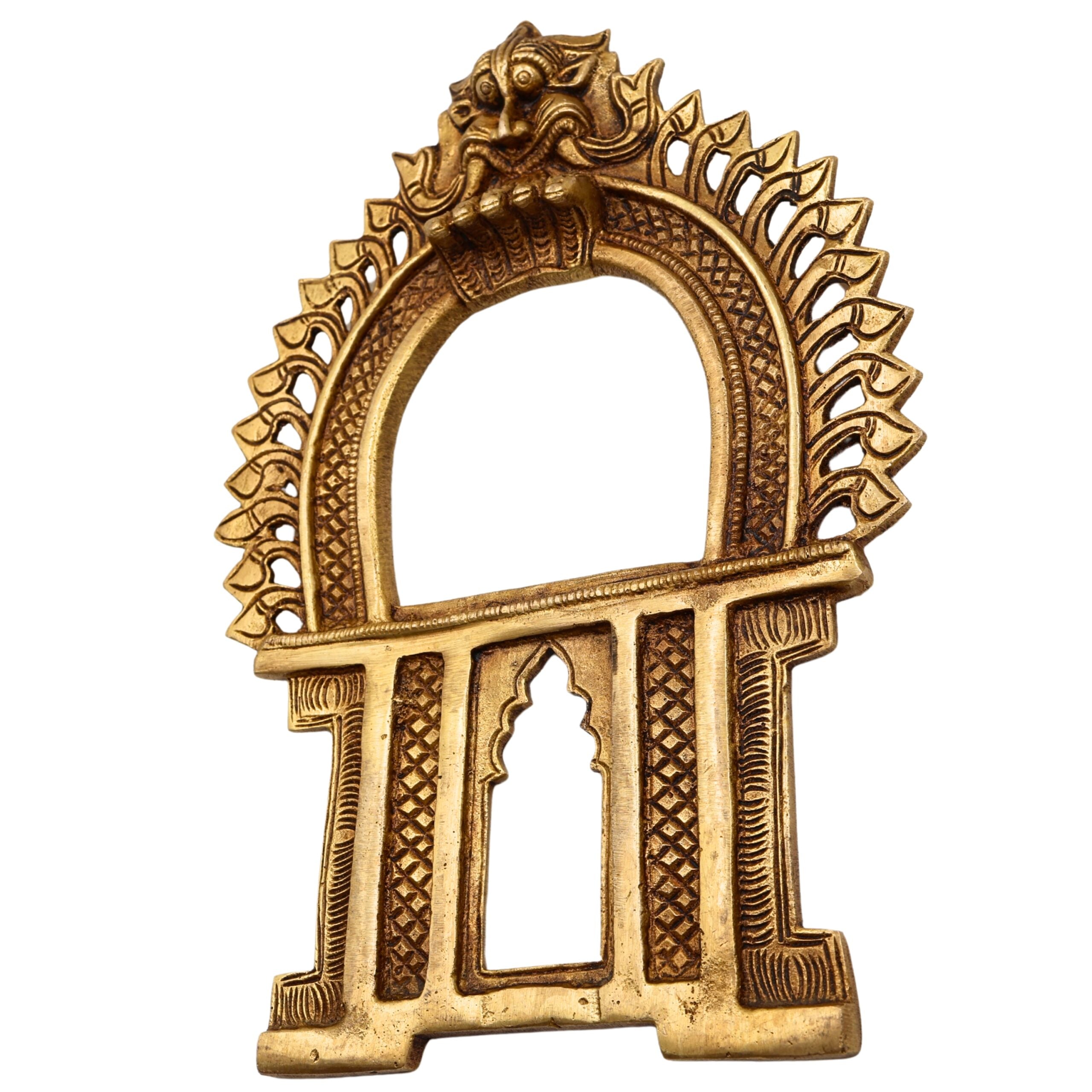 Brass Prabhavali Arch Frame for Deity, Wall Hanging Temple Decor | Traditional Prabhawali Prabhaval Kirtimukha for Mandir & Home Pooja, Gold, 9 Inch, 1 Piece