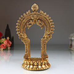 Brass Shinghashan with Prabhavali, Handmade Small Pooja Chowki, Peetha Bajot Stand for Temple, Mandir Deity Platform, Prabhaval Frame, Gold, 8 Inch, 1 Piece