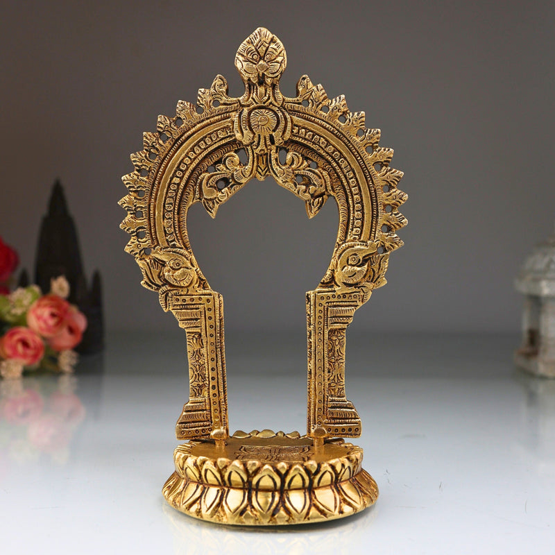Brass Shinghashan with Prabhavali, Handmade Small Pooja Chowki, Peetha Bajot Stand for Temple, Mandir Deity Platform, Prabhaval Frame, Gold, 8 Inch, 1 Piece