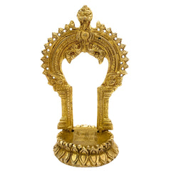 Brass Shinghashan with Prabhavali, Handmade Small Pooja Chowki, Peetha Bajot Stand for Temple, Mandir Deity Platform, Prabhaval Frame, Gold, 8 Inch, 1 Piece