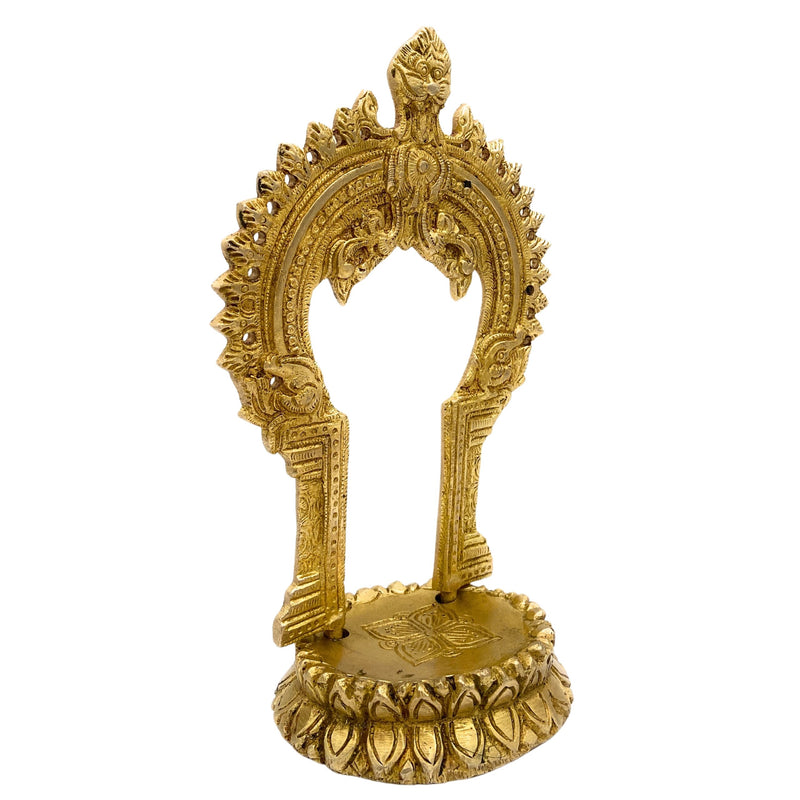 Brass Shinghashan with Prabhavali, Handmade Small Pooja Chowki, Peetha Bajot Stand for Temple, Mandir Deity Platform, Prabhaval Frame, Gold, 8 Inch, 1 Piece