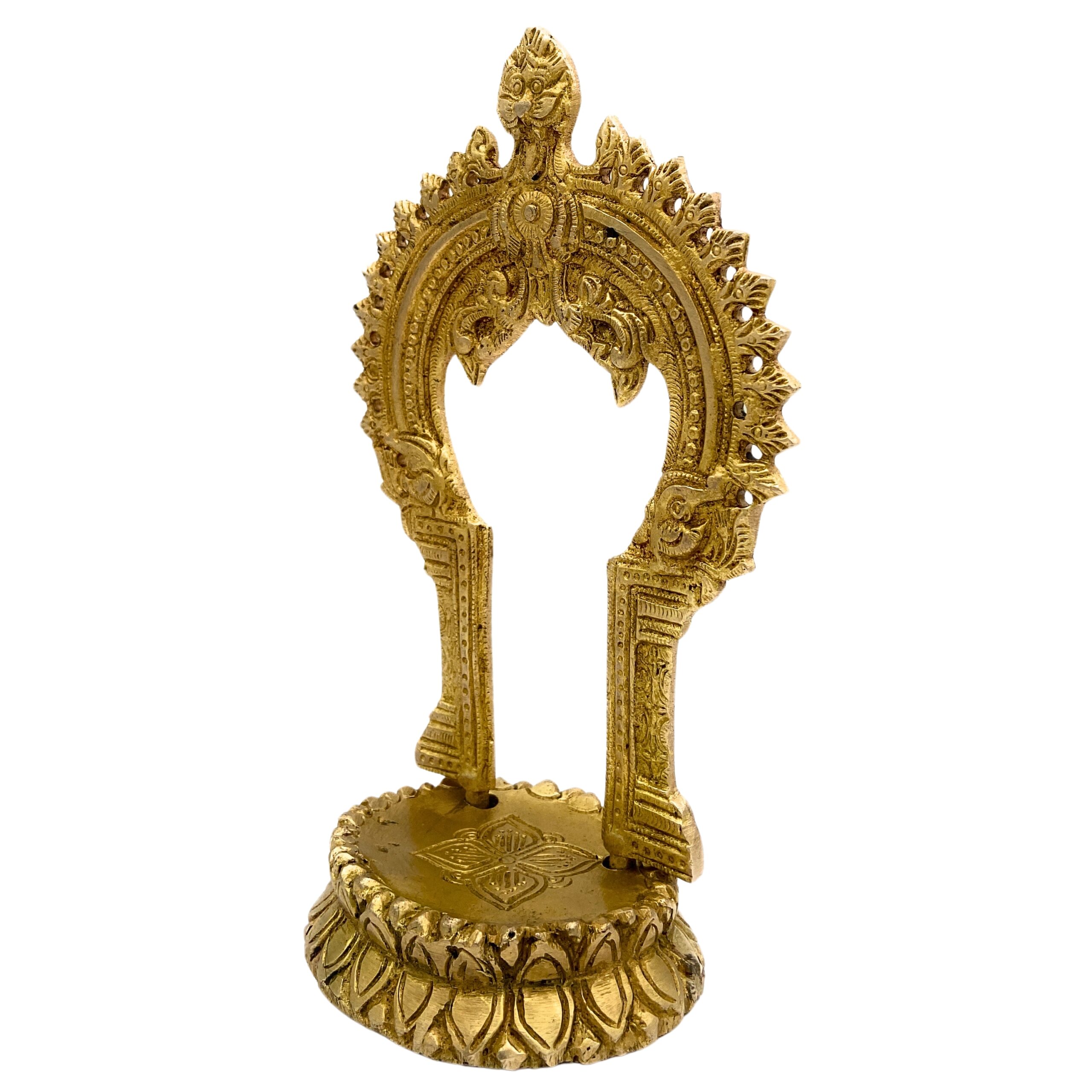 Brass Shinghashan with Prabhavali, Handmade Small Pooja Chowki, Peetha Bajot Stand for Temple, Mandir Deity Platform, Prabhaval Frame, Gold, 8 Inch, 1 Piece