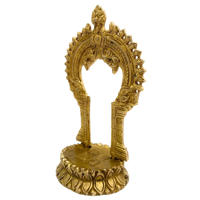 Brass Shinghashan with Prabhavali, Handmade Small Pooja Chowki, Peetha Bajot Stand for Temple, Mandir Deity Platform, Prabhaval Frame, Gold, 8 Inch, 1 Piece