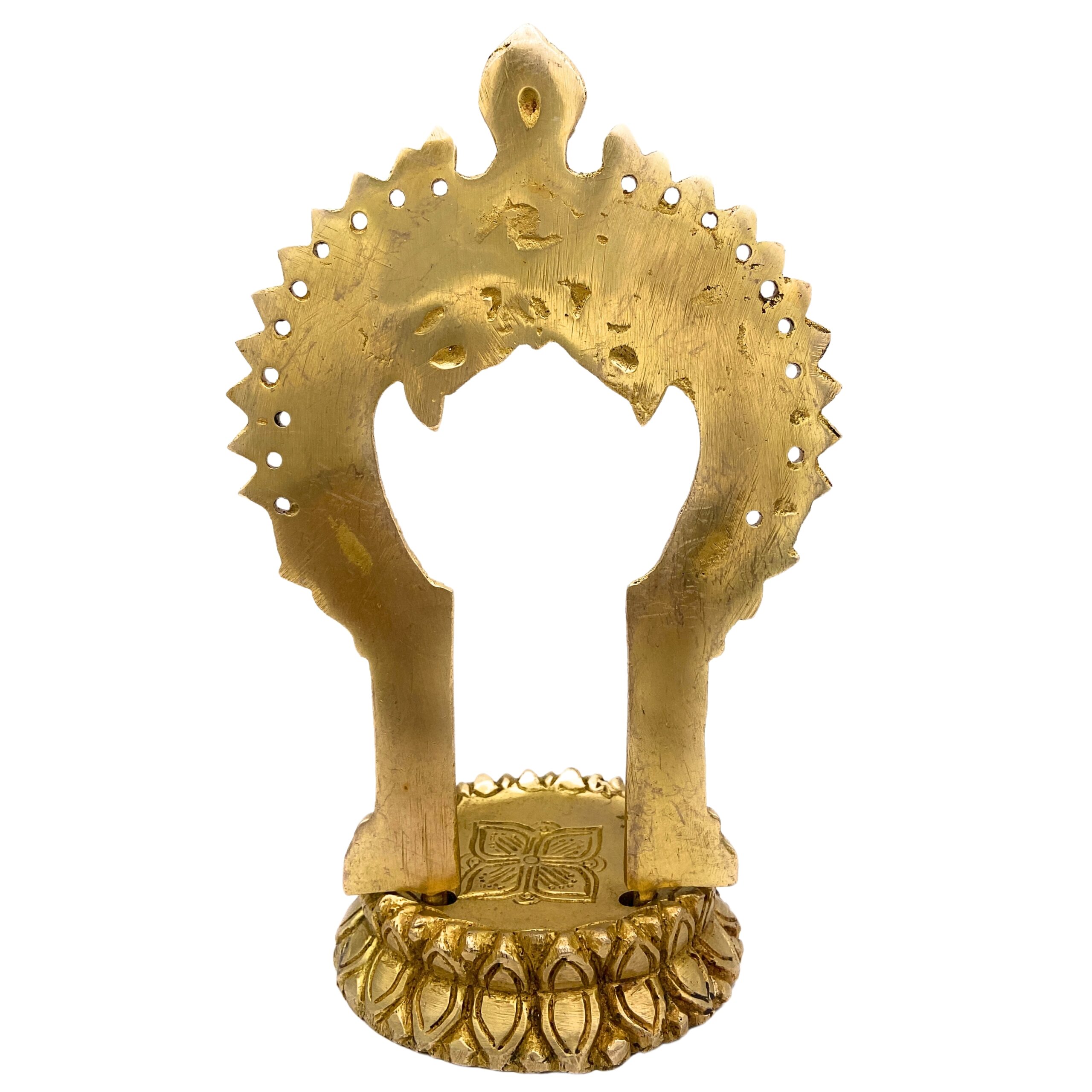 Brass Shinghashan with Prabhavali, Handmade Small Pooja Chowki, Peetha Bajot Stand for Temple, Mandir Deity Platform, Prabhaval Frame, Gold, 8 Inch, 1 Piece