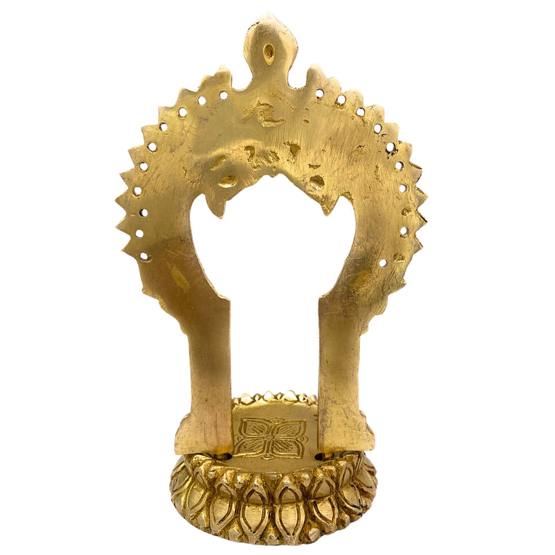 Brass Shinghashan with Prabhavali, Handmade Small Pooja Chowki, Peetha Bajot Stand for Temple, Mandir Deity Platform, Prabhaval Frame, Gold, 8 Inch, 1 Piece