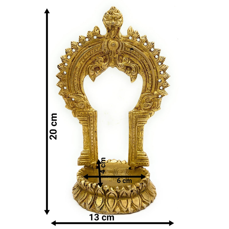 Brass Shinghashan with Prabhavali, Handmade Small Pooja Chowki, Peetha Bajot Stand for Temple, Mandir Deity Platform, Prabhaval Frame, Gold, 8 Inch, 1 Piece