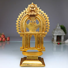 Brass Chowki With Prabhavali, Shinghashan With Arch, Deity Stand Peetha Singhasan Bajot For Temple & Puja Mandir, Gold, 11.5 Inch, 1 Piece