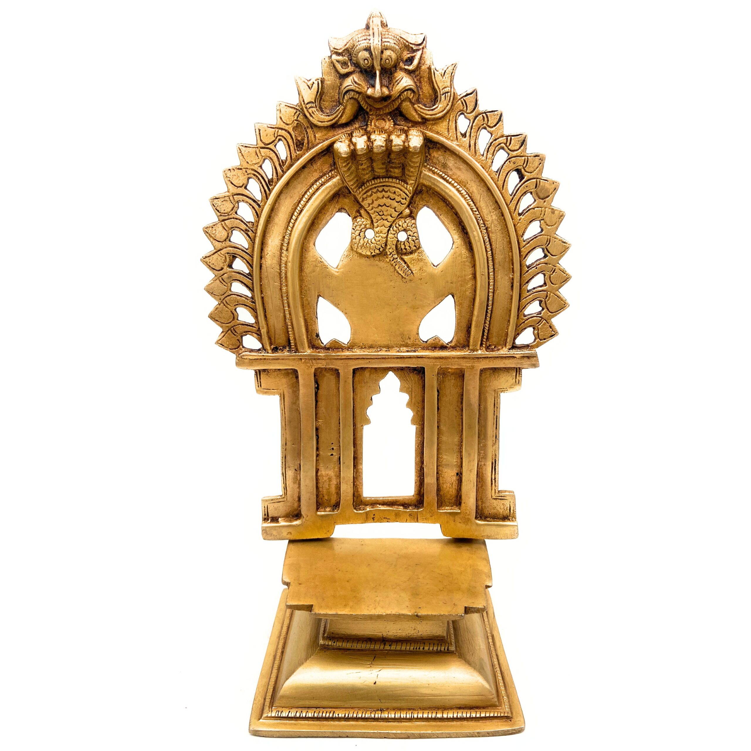 Brass Chowki With Prabhavali, Shinghashan With Arch, Deity Stand Peetha Singhasan Bajot For Temple & Puja Mandir, Gold, 11.5 Inch, 1 Piece