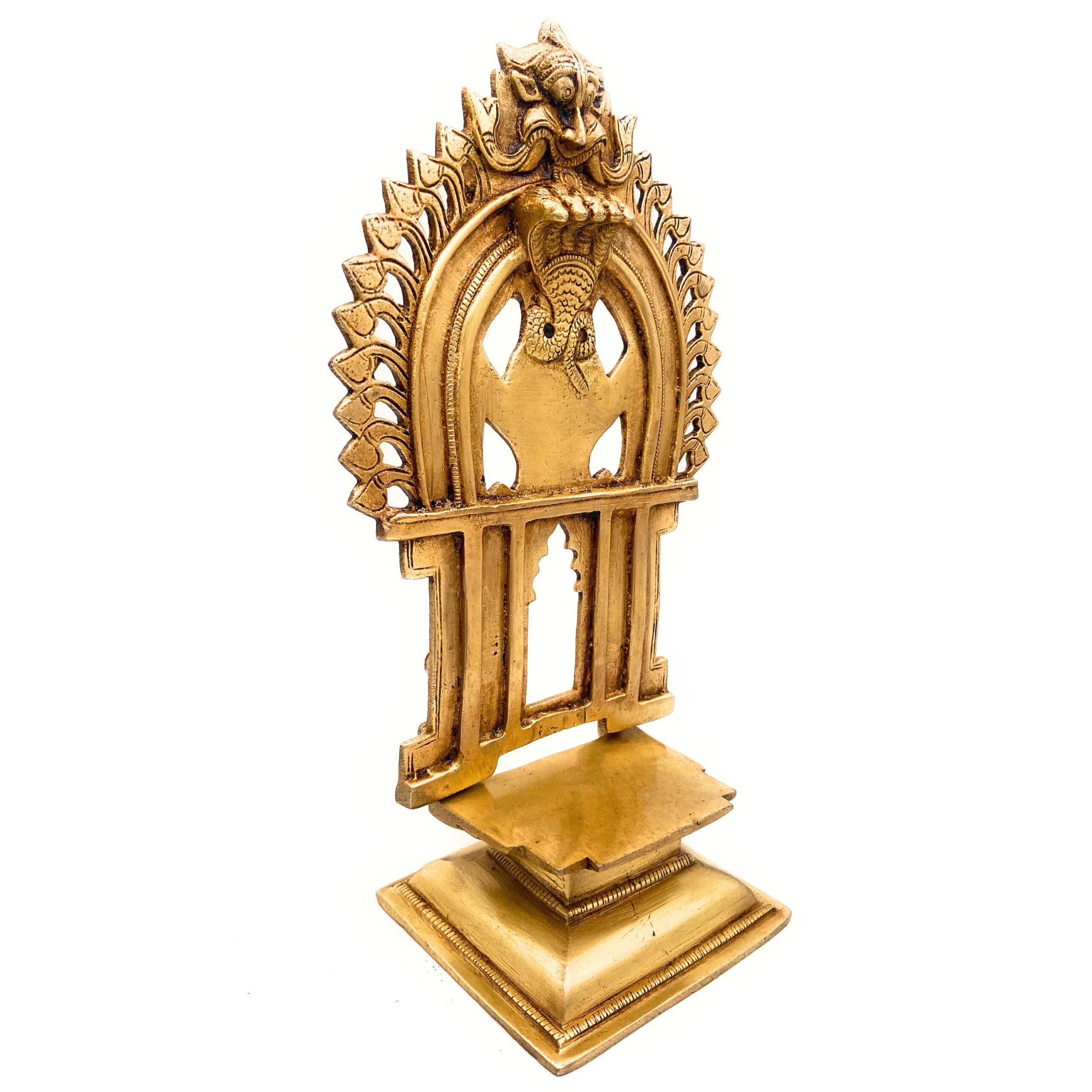 Brass Chowki With Prabhavali, Shinghashan With Arch, Deity Stand Peetha Singhasan Bajot For Temple & Puja Mandir, Gold, 11.5 Inch, 1 Piece