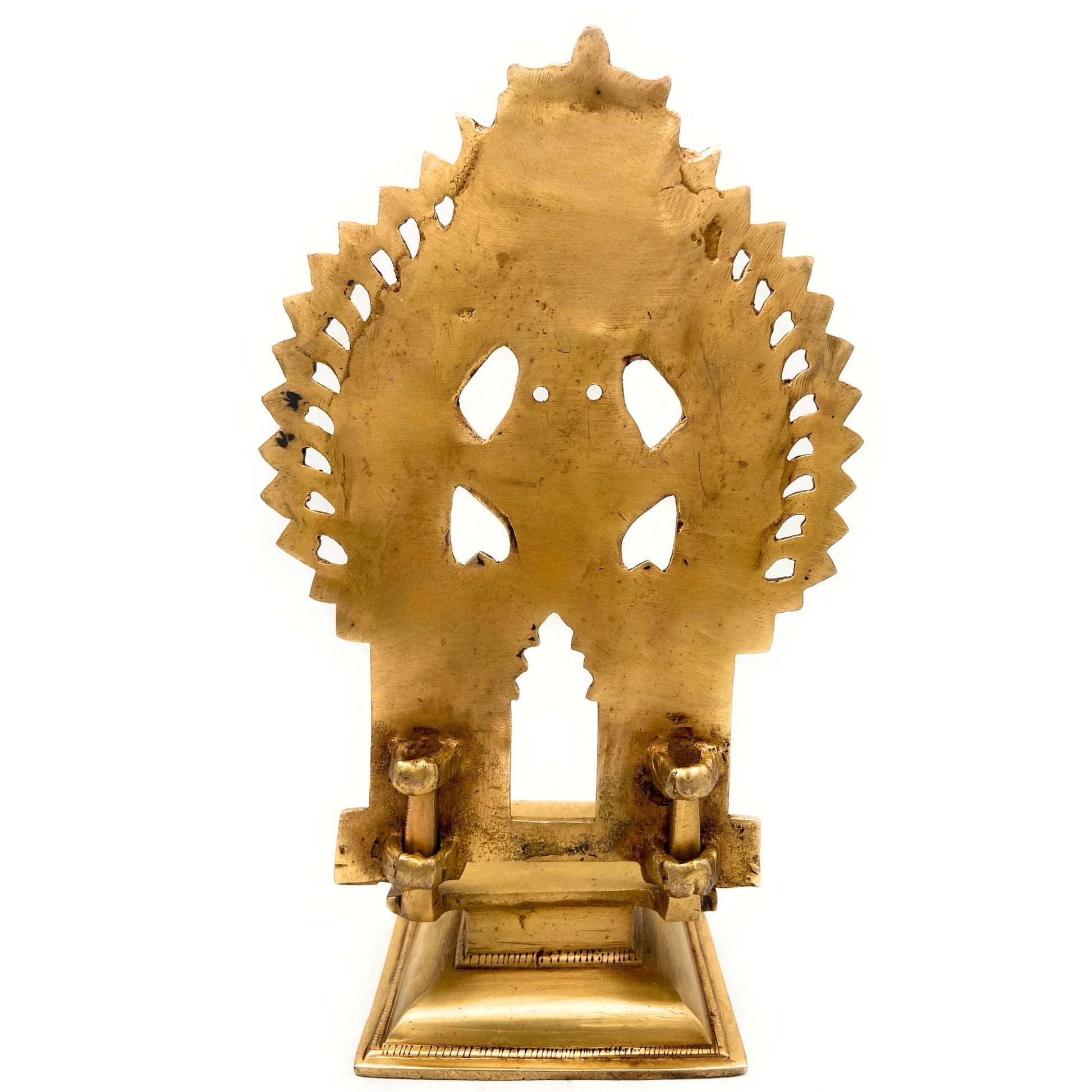 Brass Chowki With Prabhavali, Shinghashan With Arch, Deity Stand Peetha Singhasan Bajot For Temple & Puja Mandir, Gold, 11.5 Inch, 1 Piece