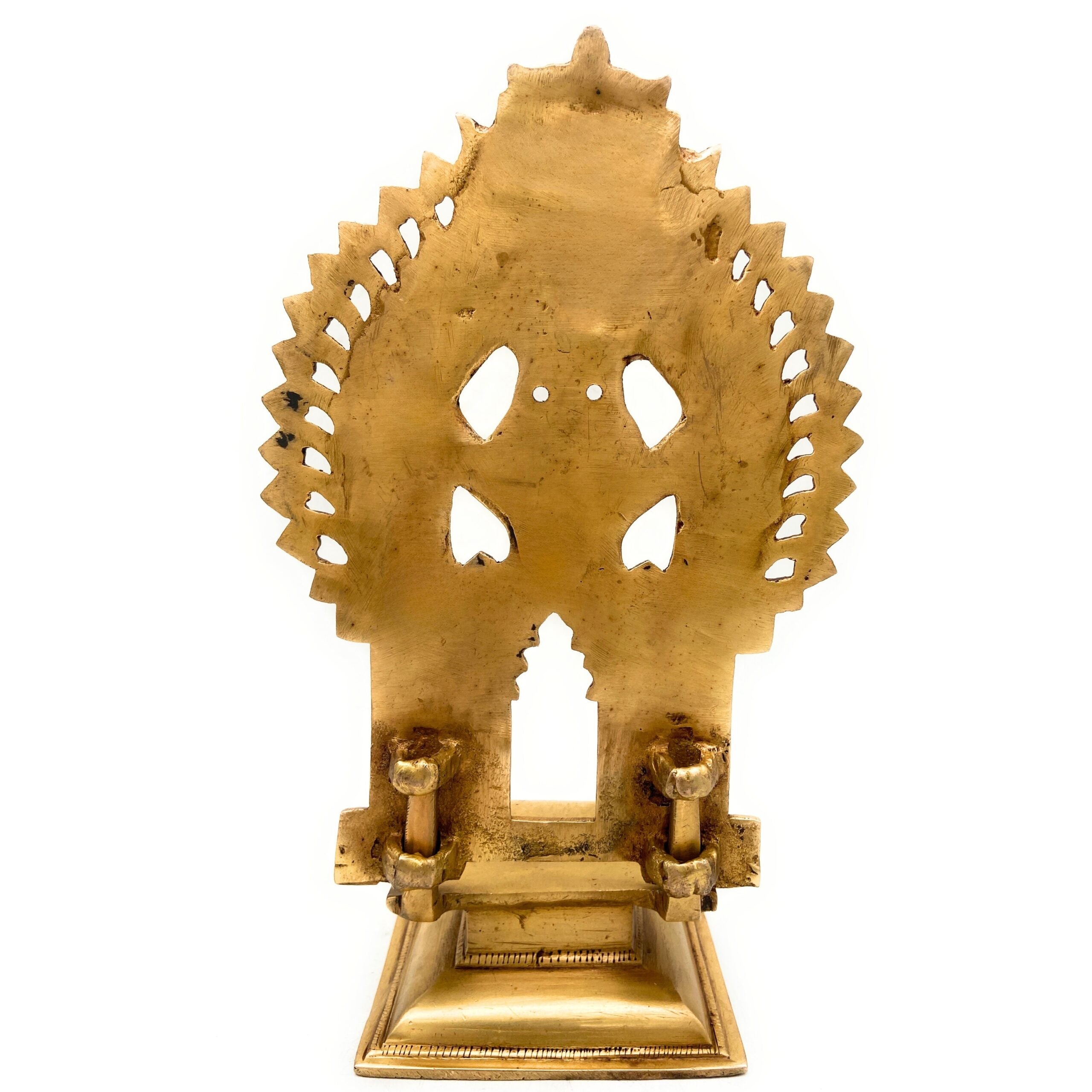 Brass Chowki With Prabhavali, Shinghashan With Arch, Deity Stand Peetha Singhasan Bajot For Temple & Puja Mandir, Gold, 11.5 Inch, 1 Piece
