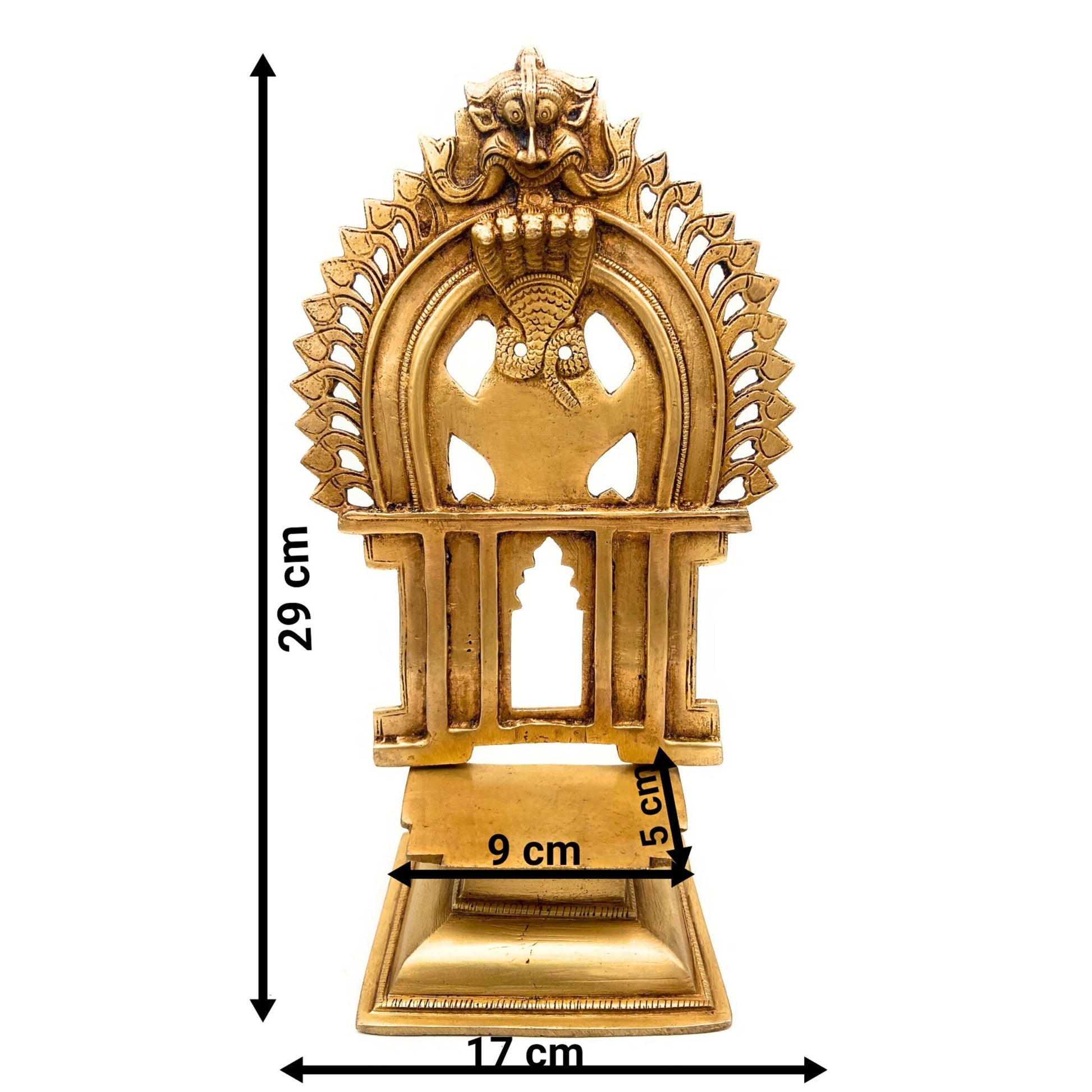 Brass Chowki With Prabhavali, Shinghashan With Arch, Deity Stand Peetha Singhasan Bajot For Temple & Puja Mandir, Gold, 11.5 Inch, 1 Piece