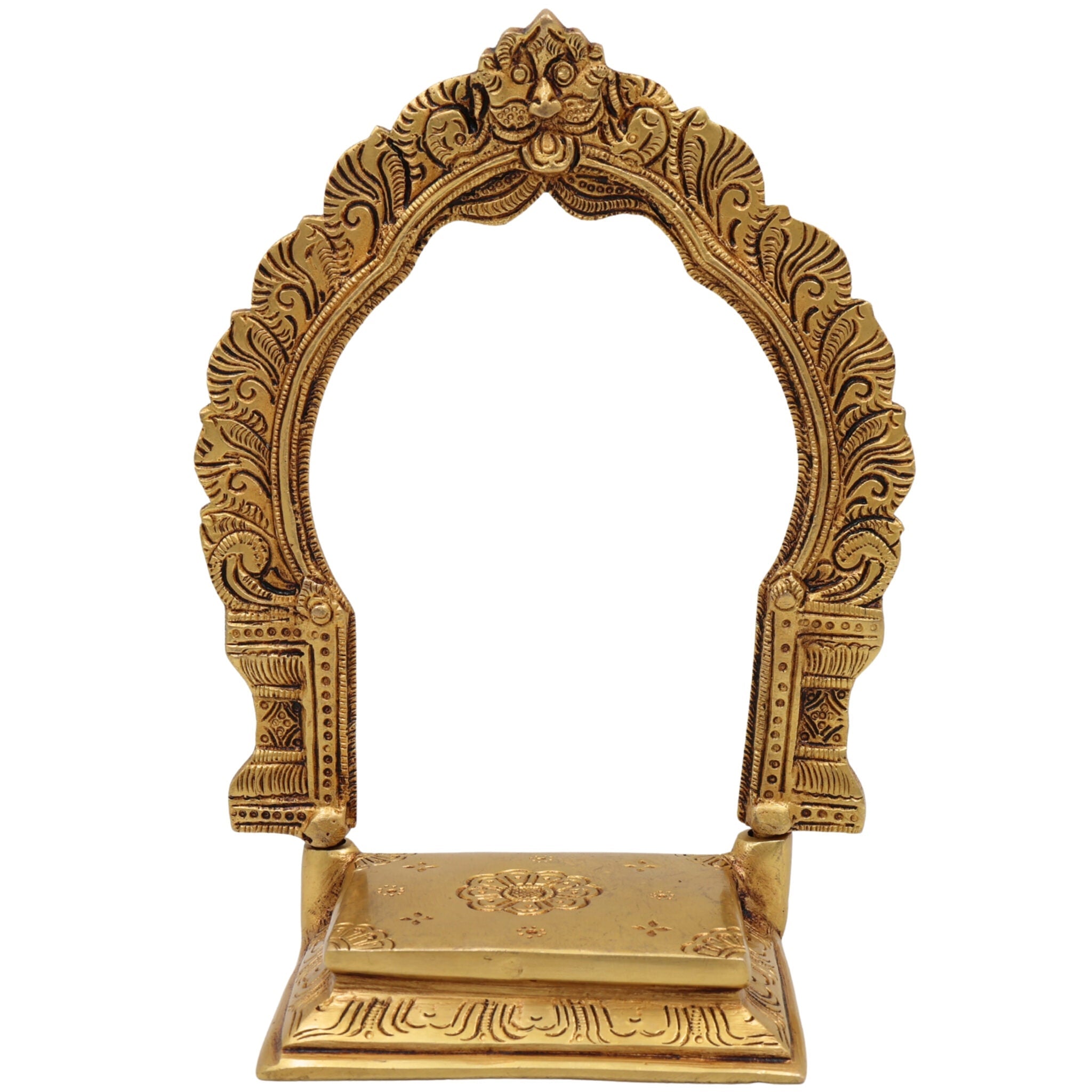 Brass Singhasan Chowki With Prabhavali, Deity Stand with Arch for Pooja Mandir, Handcrafted Peetha Bajot for Idols, Gold, 8 Inch, 1 Piece
