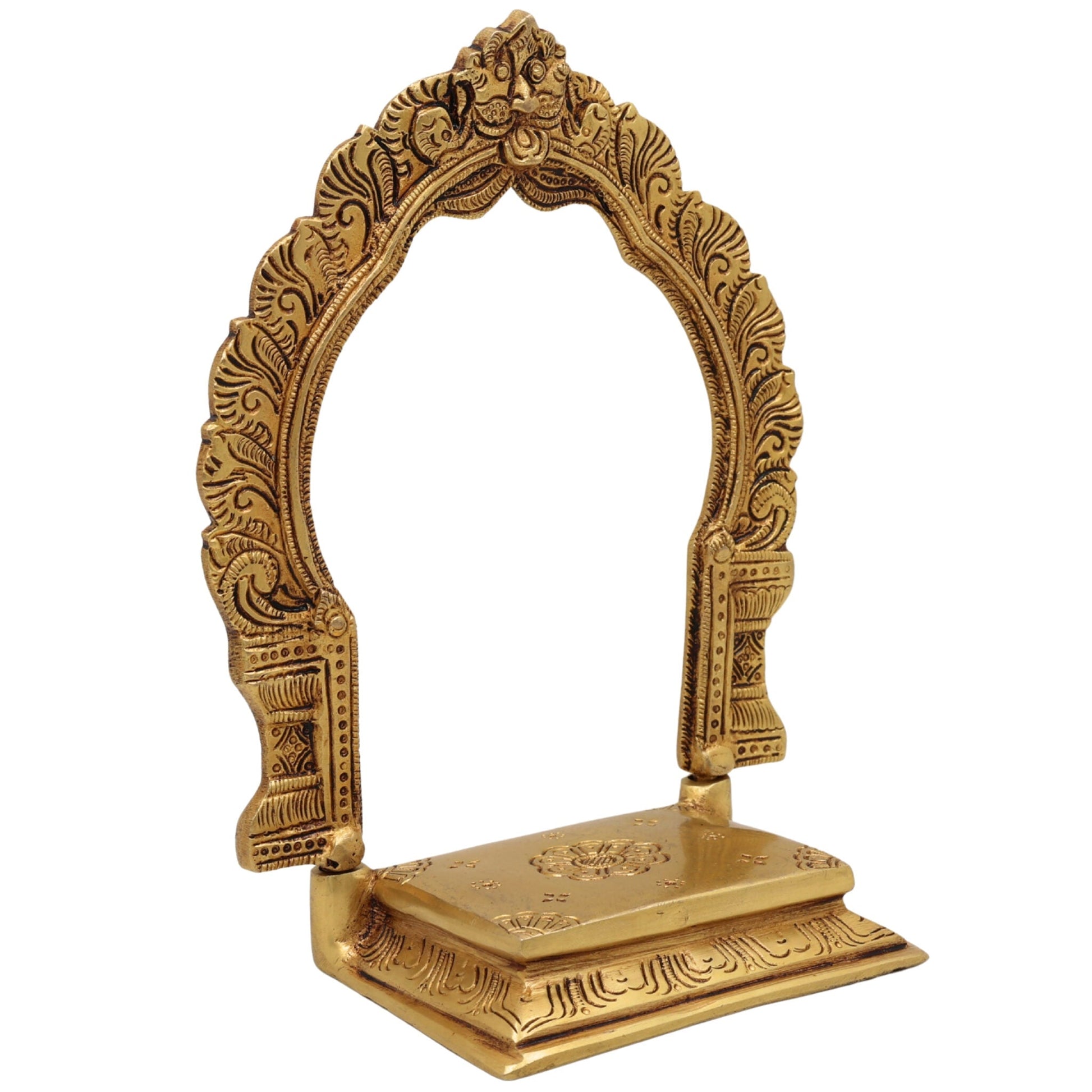Brass Singhasan Chowki With Prabhavali, Deity Stand with Arch for Pooja Mandir, Handcrafted Peetha Bajot for Idols, Gold, 8 Inch, 1 Piece