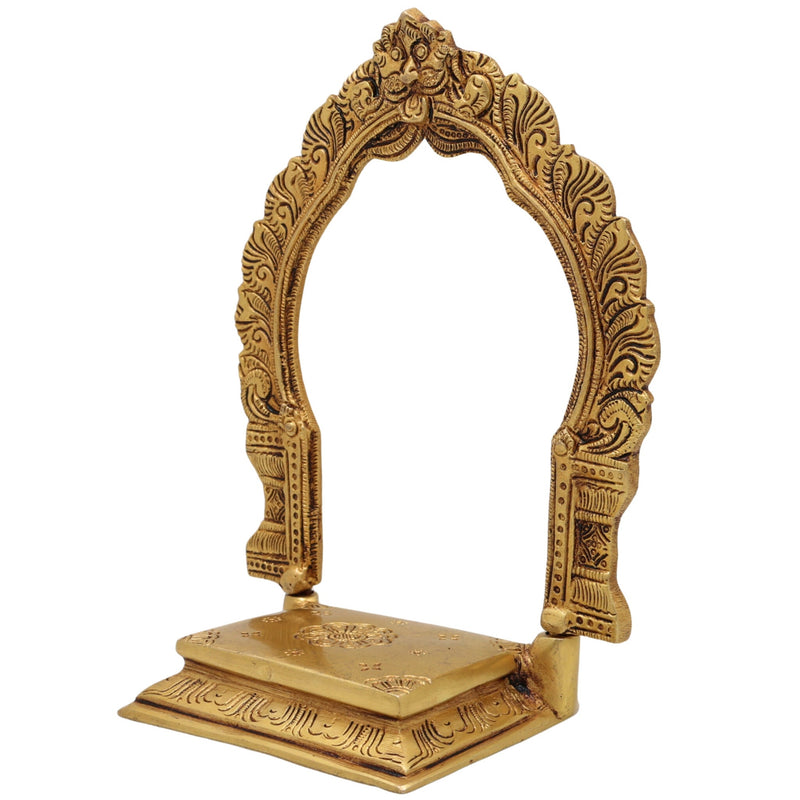 Brass Singhasan Chowki With Prabhavali, Deity Stand with Arch for Pooja Mandir, Handcrafted Peetha Bajot for Idols, Gold, 8 Inch, 1 Piece