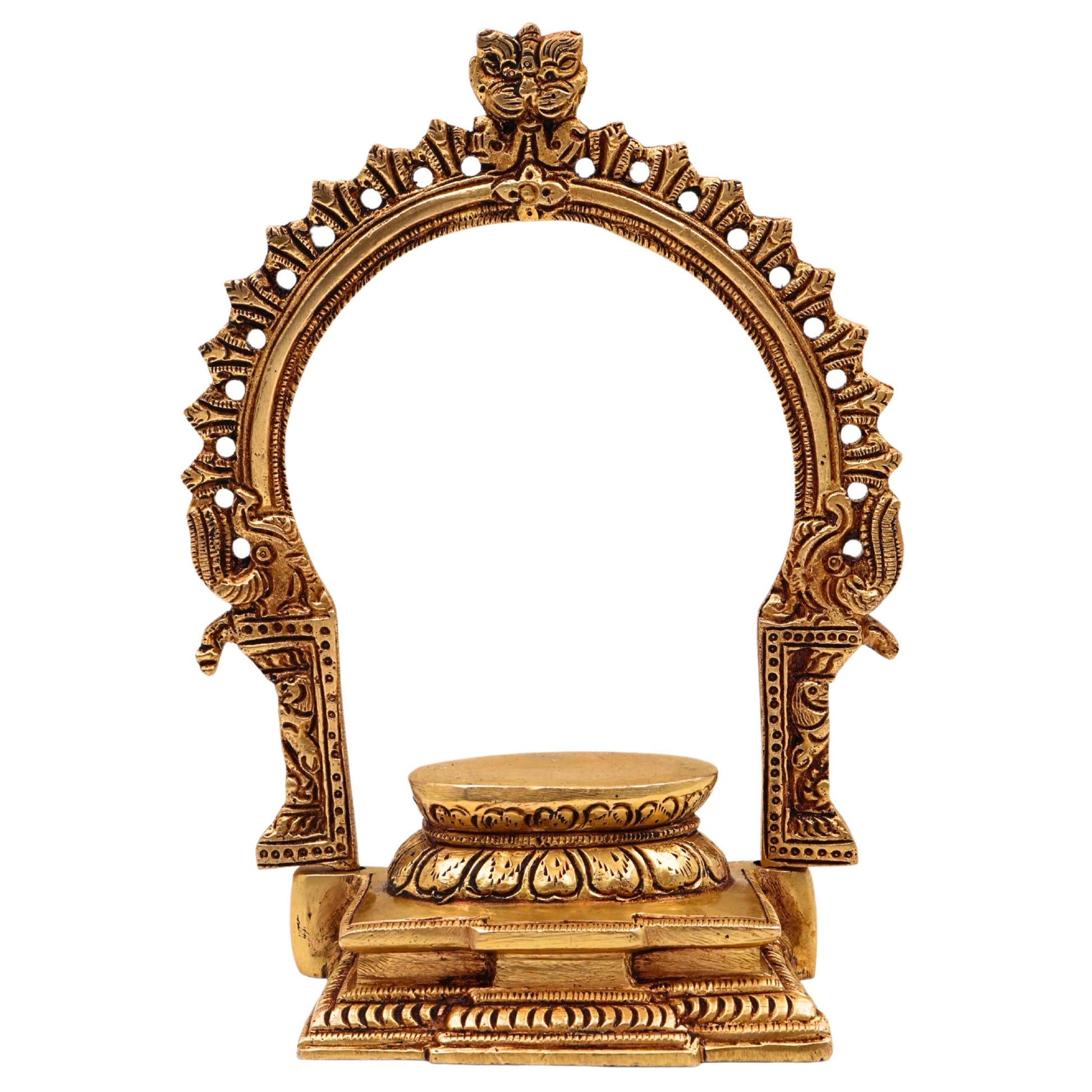 Bhunes Brass Deity Stand with Prabhavali and Chowki, Handcrafted Pooja Bajot Singhasan for Idols & Temples, Gold, 7.5 Inch, 1 Piece