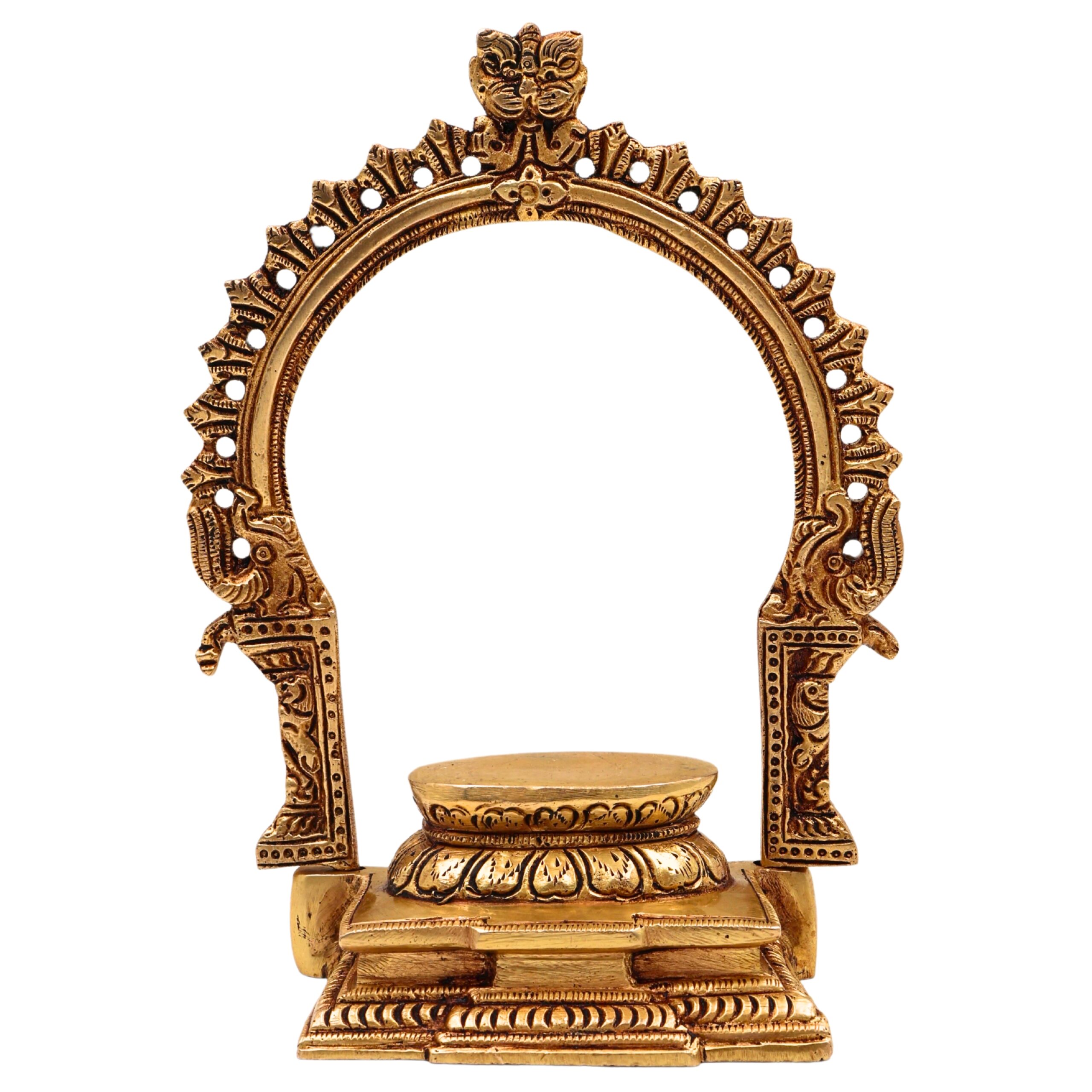 Bhunes Brass Deity Stand with Prabhavali and Chowki, Handcrafted Pooja Bajot Singhasan for Idols & Temples, Gold, 7.5 Inch, 1 Piece