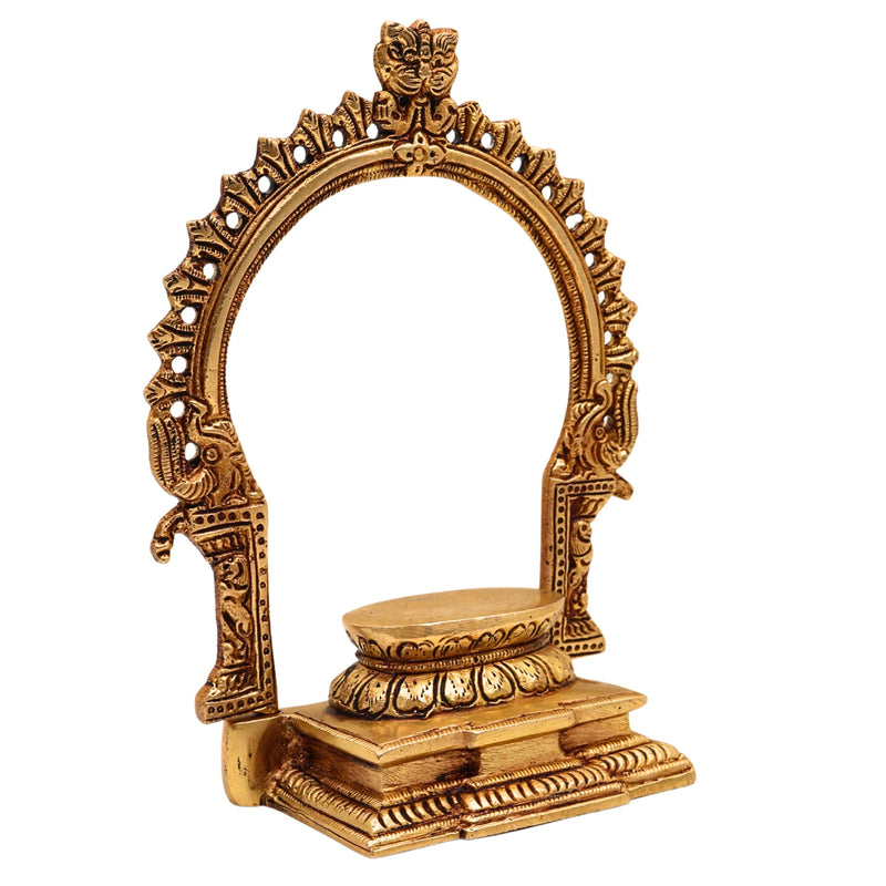 Bhunes Brass Deity Stand with Prabhavali and Chowki, Handcrafted Pooja Bajot Singhasan for Idols & Temples, Gold, 7.5 Inch, 1 Piece