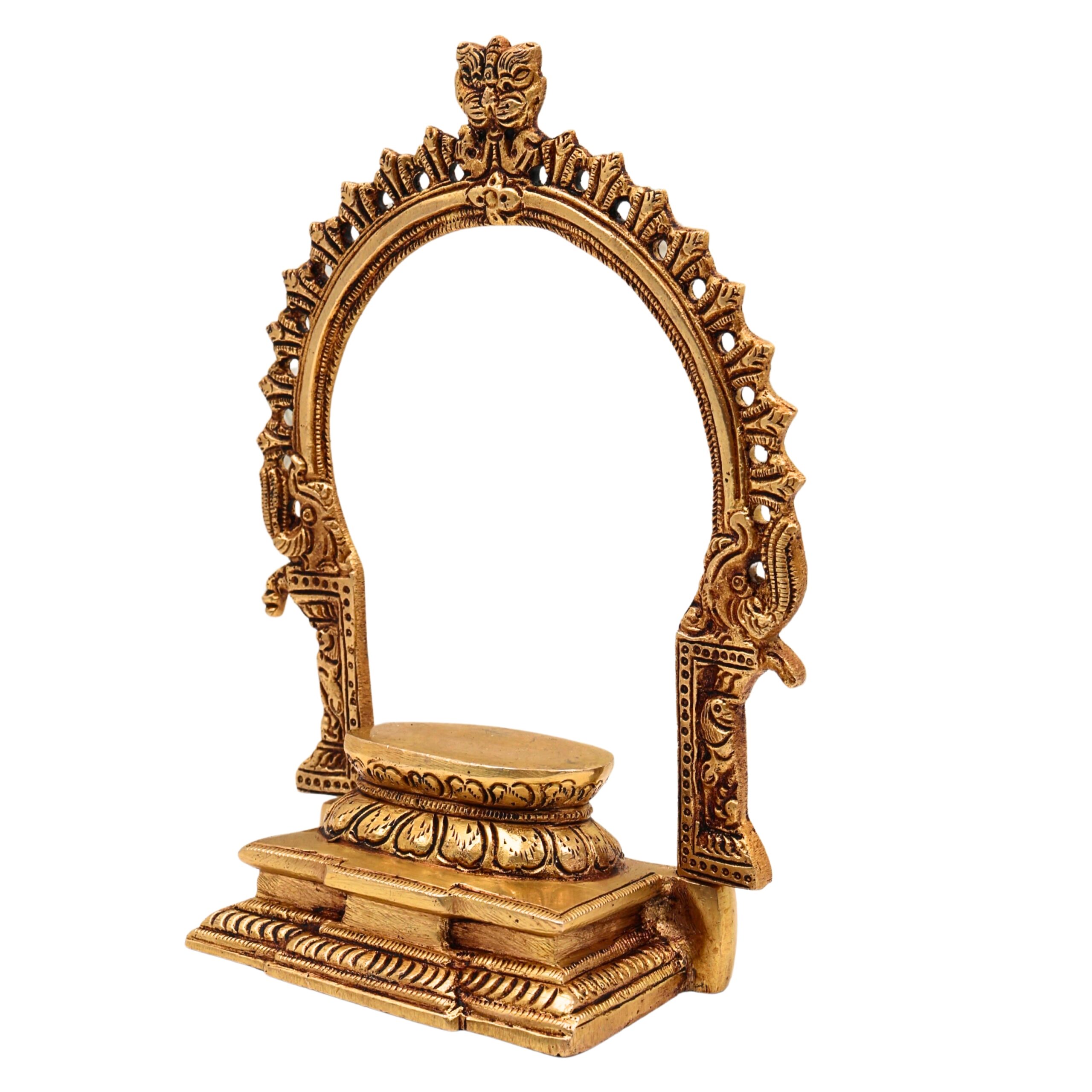 Bhunes Brass Deity Stand with Prabhavali and Chowki, Handcrafted Pooja Bajot Singhasan for Idols & Temples, Gold, 7.5 Inch, 1 Piece