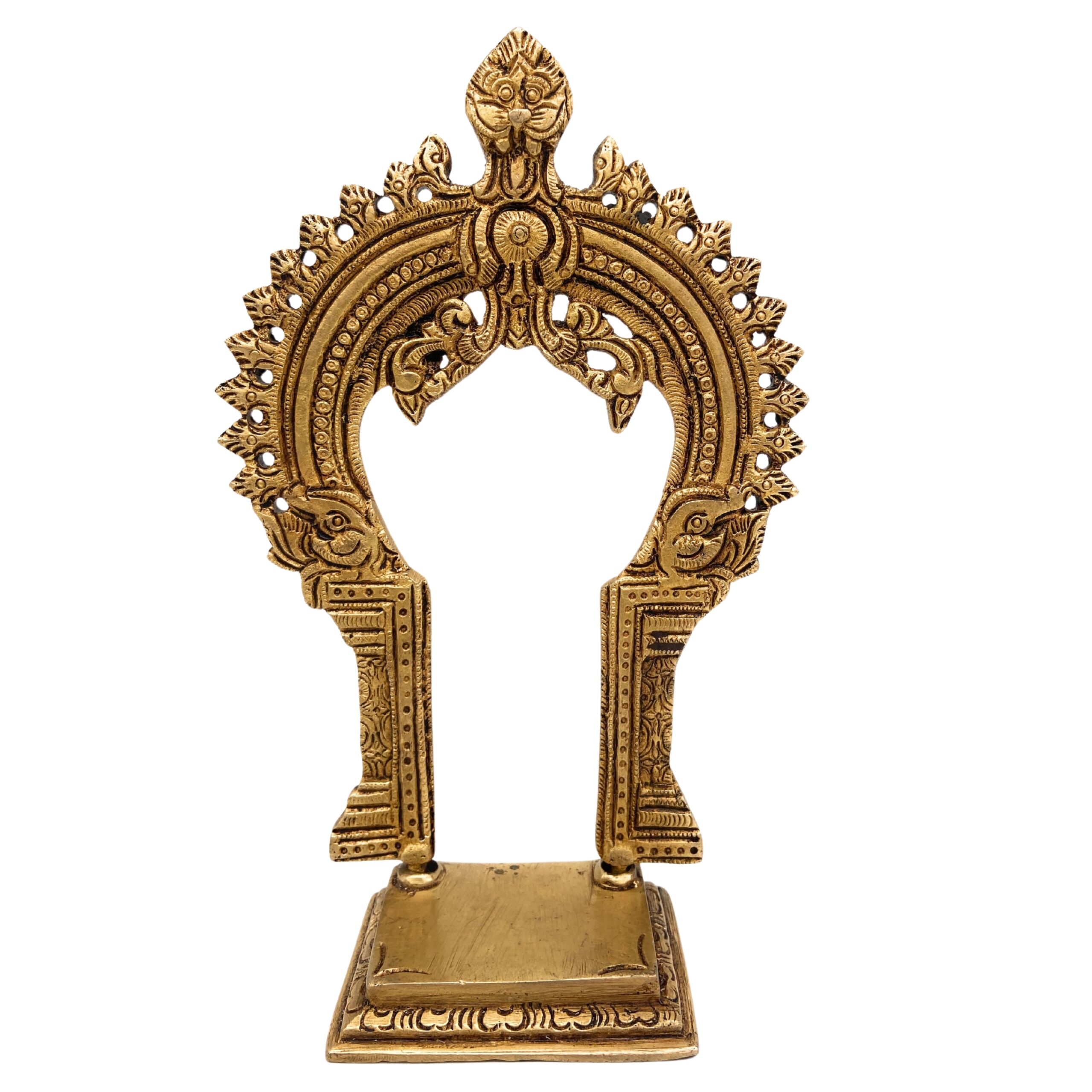 Brass Pooja Chowki with Prabhavali, Small Singhasan Stand for God Idols, Handmade Peetha Bajot for Mandir, Temple Prabhaval Frame, Gold, 8 Inch, 1 Piece