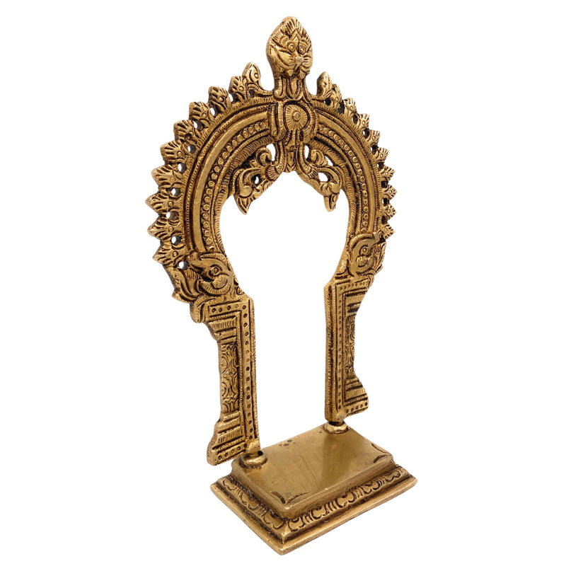 Brass Pooja Chowki with Prabhavali, Small Singhasan Stand for God Idols, Handmade Peetha Bajot for Mandir, Temple Prabhaval Frame, Gold, 8 Inch, 1 Piece