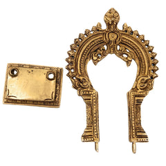 Brass Pooja Chowki with Prabhavali, Small Singhasan Stand for God Idols, Handmade Peetha Bajot for Mandir, Temple Prabhaval Frame, Gold, 8 Inch, 1 Piece