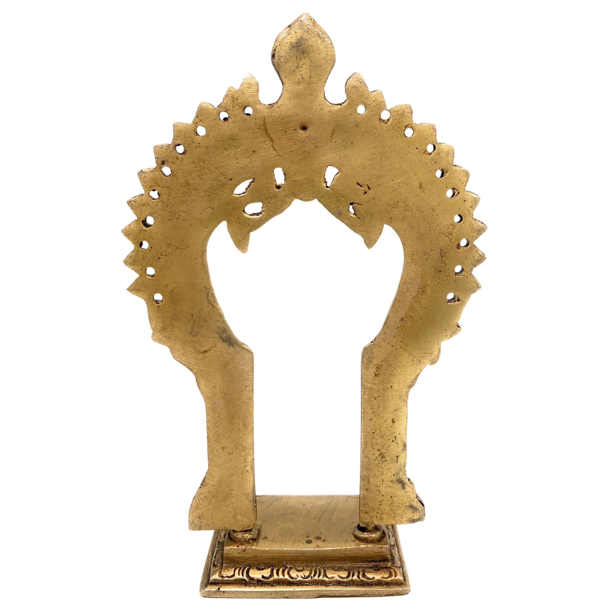 Brass Pooja Chowki with Prabhavali, Small Singhasan Stand for God Idols, Handmade Peetha Bajot for Mandir, Temple Prabhaval Frame, Gold, 8 Inch, 1 Piece