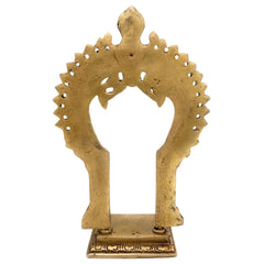 Brass Pooja Chowki with Prabhavali, Small Singhasan Stand for God Idols, Handmade Peetha Bajot for Mandir, Temple Prabhaval Frame, Gold, 8 Inch, 1 Piece