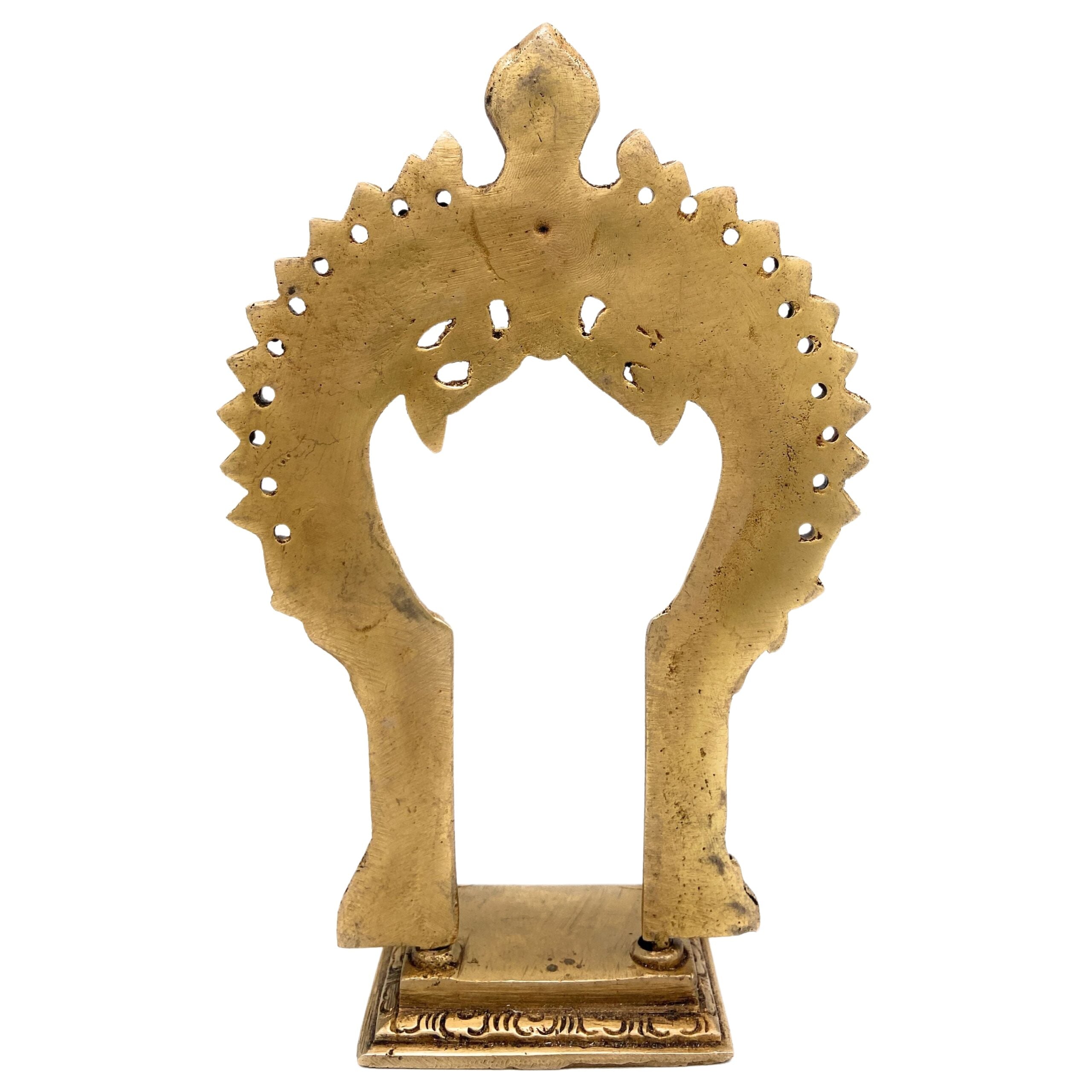 Brass Pooja Chowki with Prabhavali, Small Singhasan Stand for God Idols, Handmade Peetha Bajot for Mandir, Temple Prabhaval Frame, Gold, 8 Inch, 1 Piece