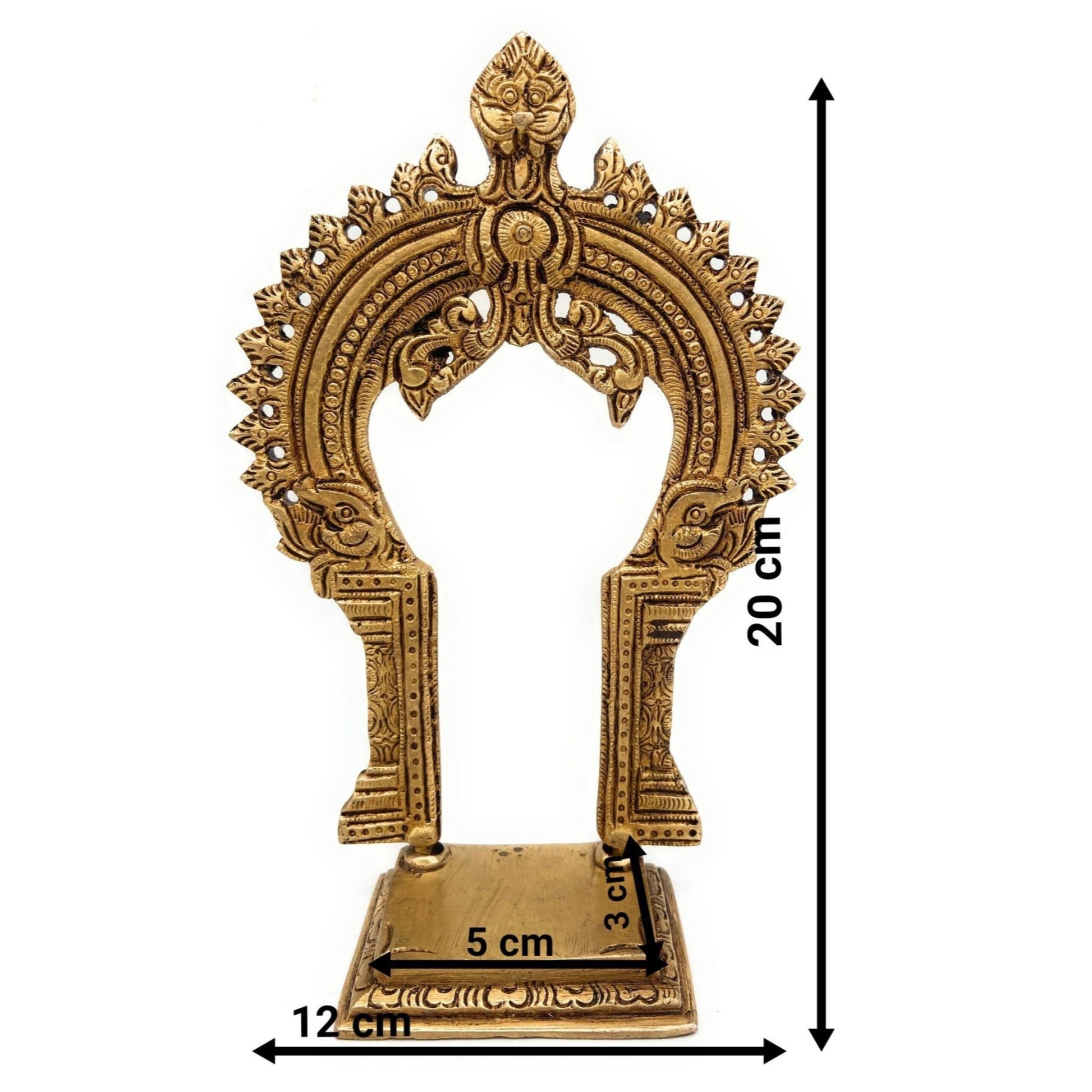 Brass Pooja Chowki with Prabhavali, Small Singhasan Stand for God Idols, Handmade Peetha Bajot for Mandir, Temple Prabhaval Frame, Gold, 8 Inch, 1 Piece