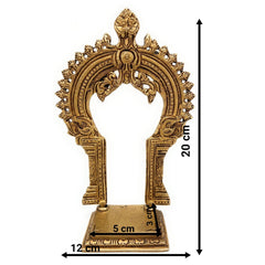 Brass Pooja Chowki with Prabhavali, Small Singhasan Stand for God Idols, Handmade Peetha Bajot for Mandir, Temple Prabhaval Frame, Gold, 8 Inch, 1 Piece