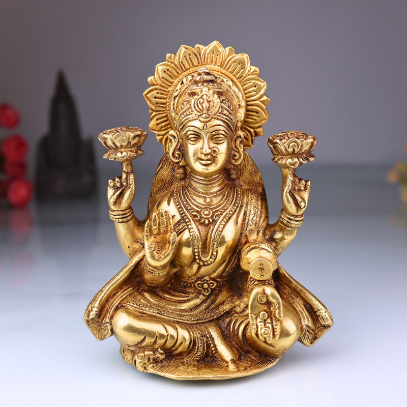 Handcrafted Brass Lakshmi Idol – Mahalakshmi | Shri Devi | Pital Laxmi Murti for Pooja, Home Temple & Gifts,Gold, 7.5 Inch, 1 Piece
