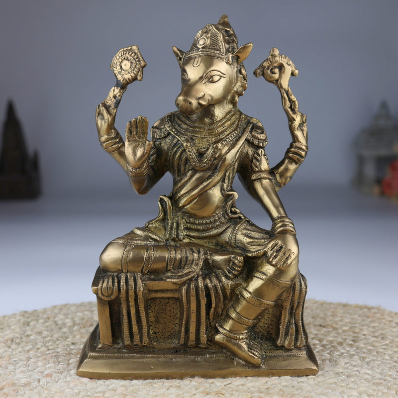 Handcrafted Brass Varahi Amman Idol | Varahi Devi Murti | Varahi Mata Statue | Dandanayaki Varahi Vigraha for Pooja, Temple & Home Decor, Gold, 10.5 Inch, 1 Piece