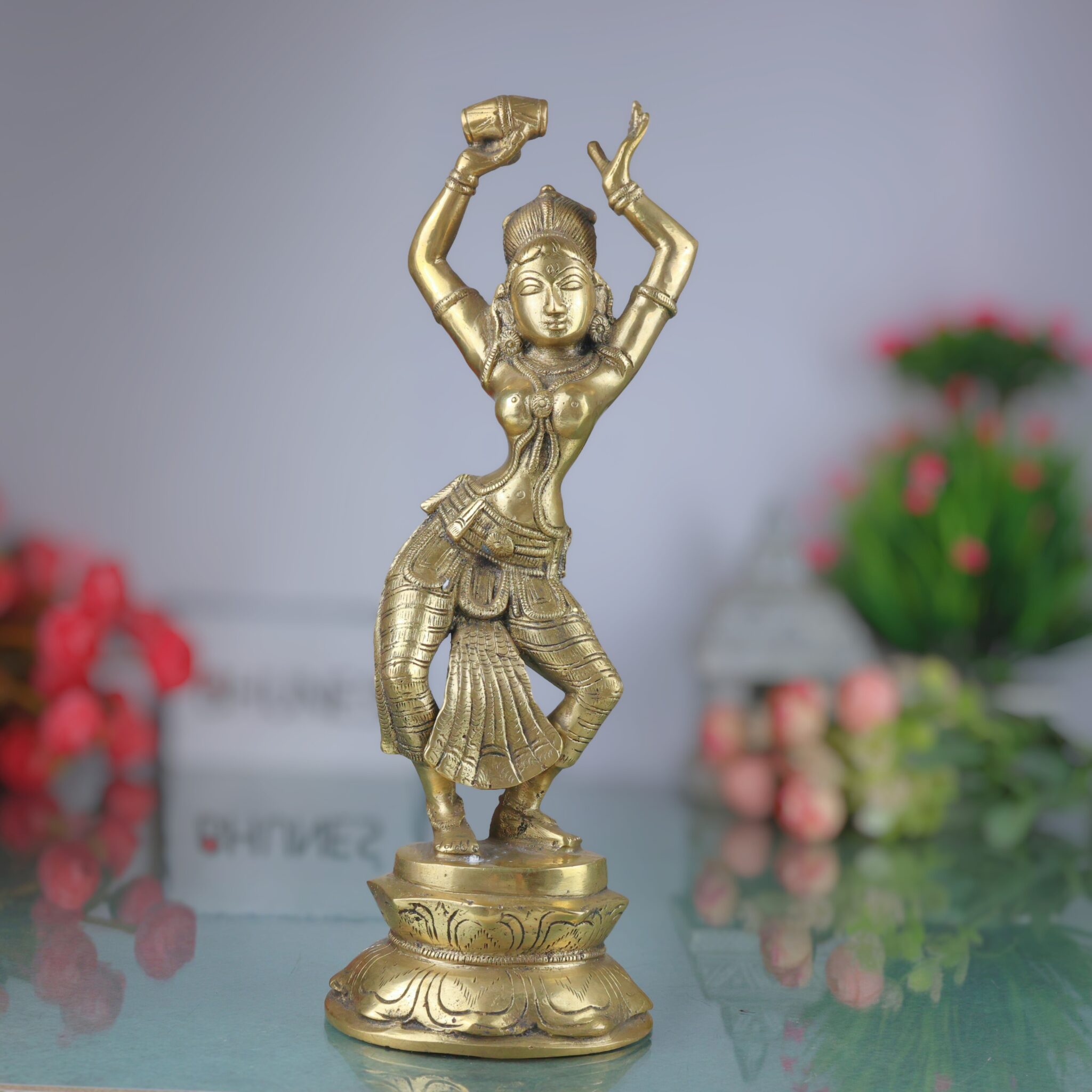 Brass Apsara Idol, Peetal Devangana Urvashi Murti, Pital Menaka Rambha Tilottama Statue, Dancing Swargangana Devakanya, Gold, 12 Inch, 1 Piece