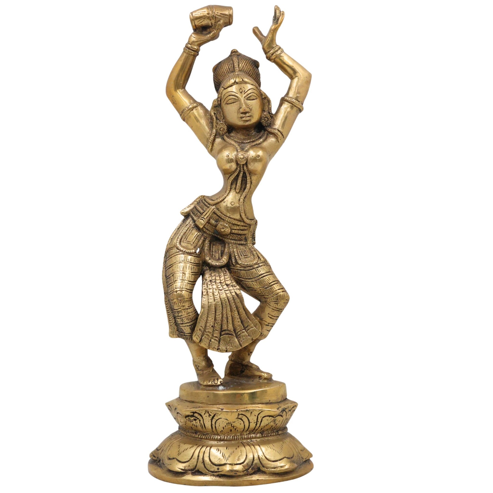 Brass Apsara Idol, Peetal Devangana Urvashi Murti, Pital Menaka Rambha Tilottama Statue, Dancing Swargangana Devakanya, Gold, 12 Inch, 1 Piece
