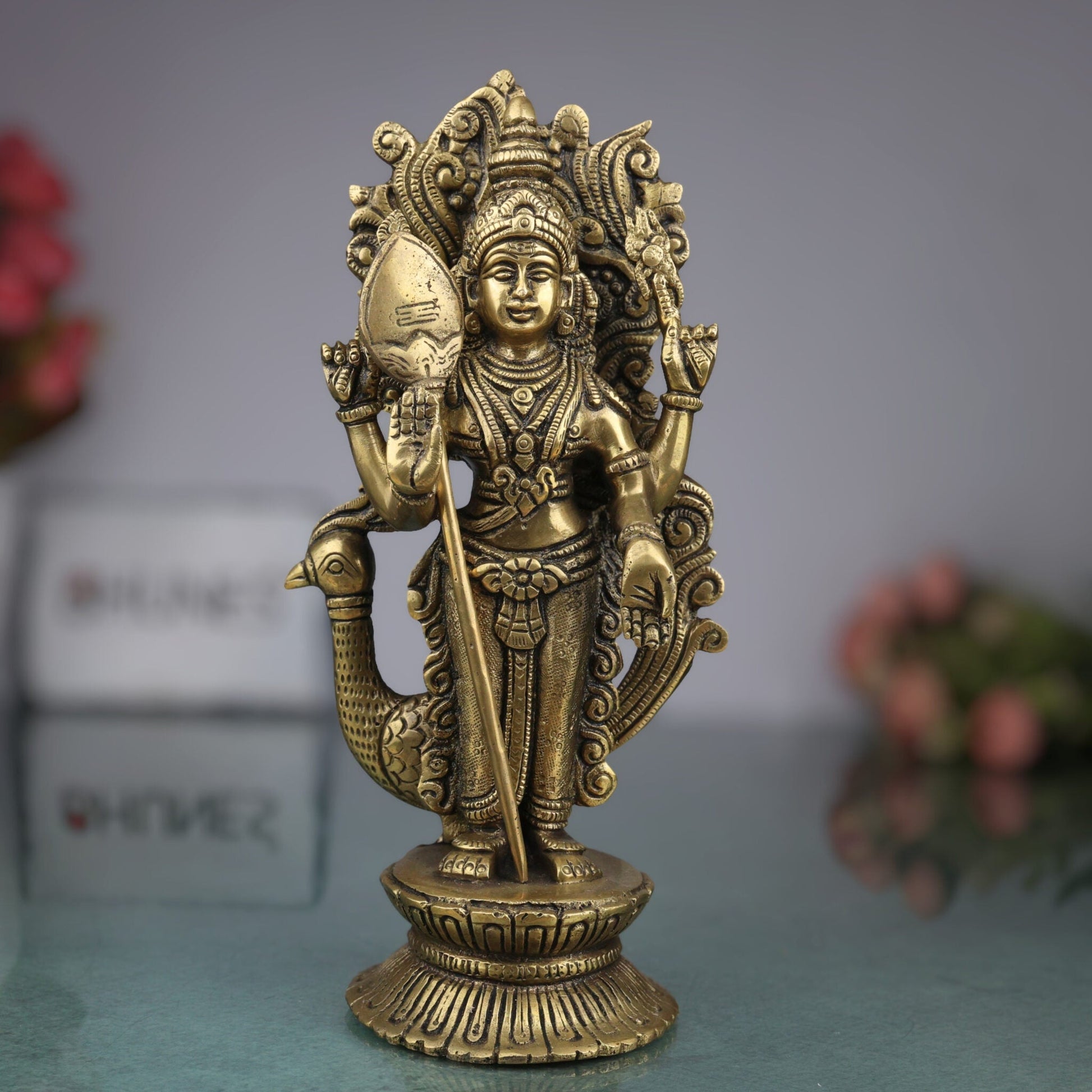 Brass Murugan Idol for Pooja | Kartikeya Skanda Subramanya Shanmukha Kumara Swamy Vel Murugan Statue | Handcrafted Peetal Moorti for Home Temple Decor & Gift,Gold, 10 Inch, 1 Piece