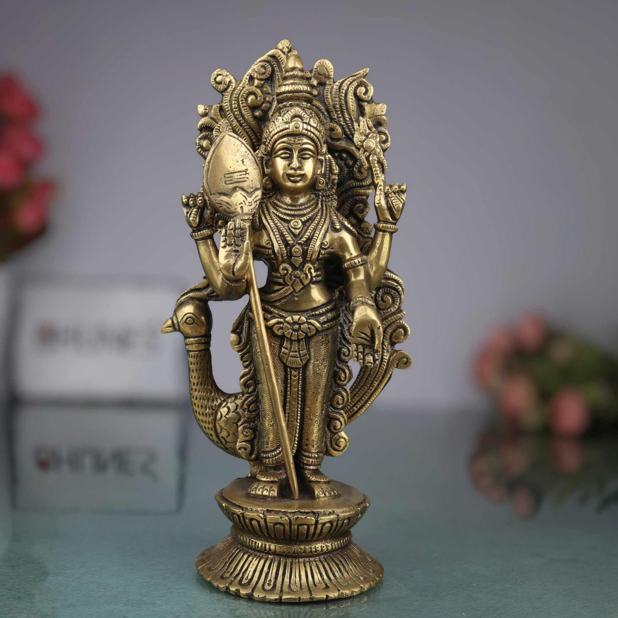 Brass Murugan Idol for Pooja | Kartikeya Skanda Subramanya Shanmukha Kumara Swamy Vel Murugan Statue | Handcrafted Peetal Moorti for Home Temple Decor & Gift,Gold, 10 Inch, 1 Piece