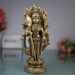 Brass Murugan Idol for Pooja | Kartikeya Skanda Subramanya Shanmukha Kumara Swamy Vel Murugan Statue | Handcrafted Peetal Moorti for Home Temple Decor & Gift,Gold, 10 Inch, 1 Piece