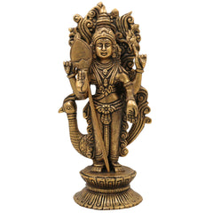 Brass Murugan Idol for Pooja | Kartikeya Skanda Subramanya Shanmukha Kumara Swamy Vel Murugan Statue | Handcrafted Peetal Moorti for Home Temple Decor & Gift,Gold, 10 Inch, 1 Piece